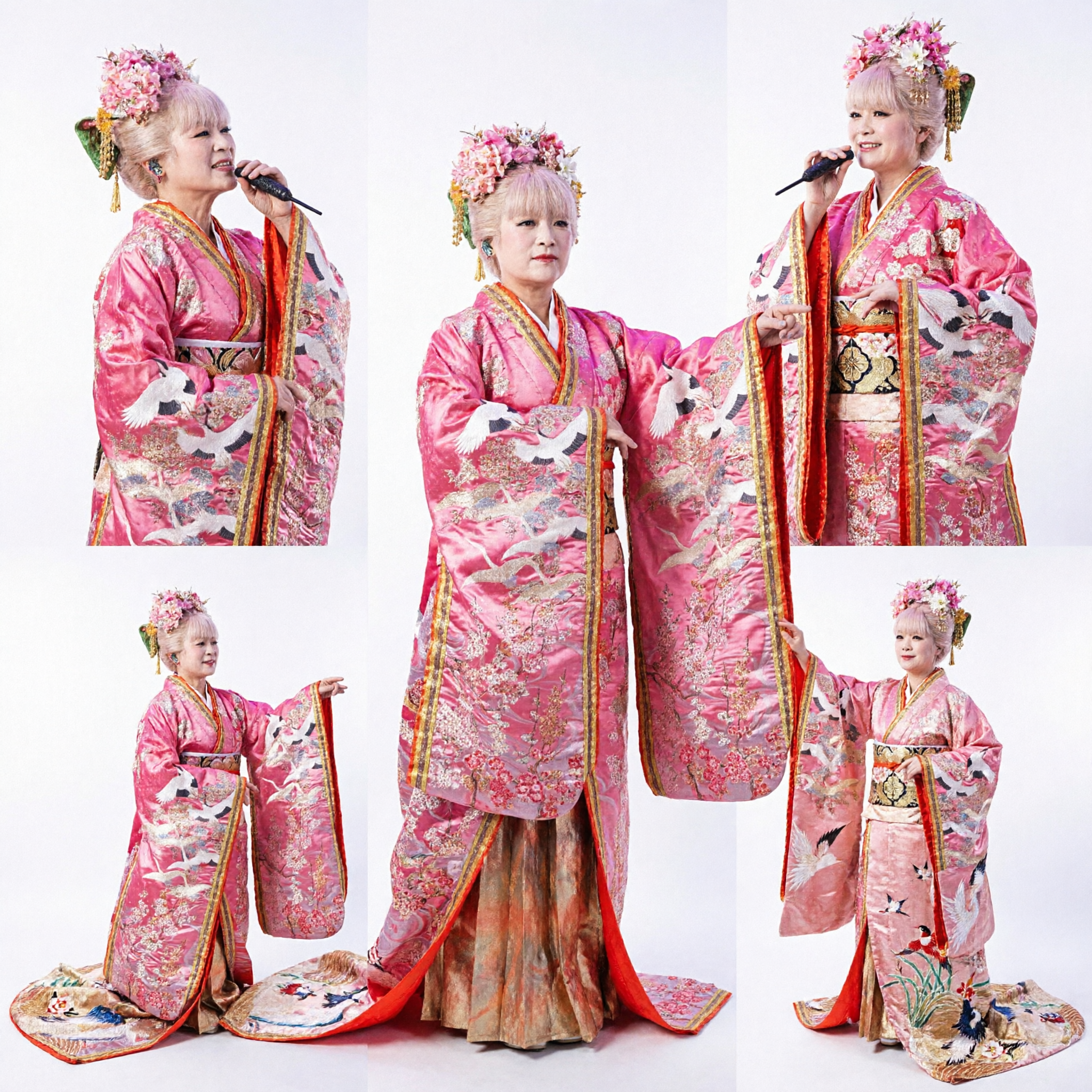 Pink Japanese Kimono with Crane and Floral Embroidery Traditional Stage Performance Costume for Women