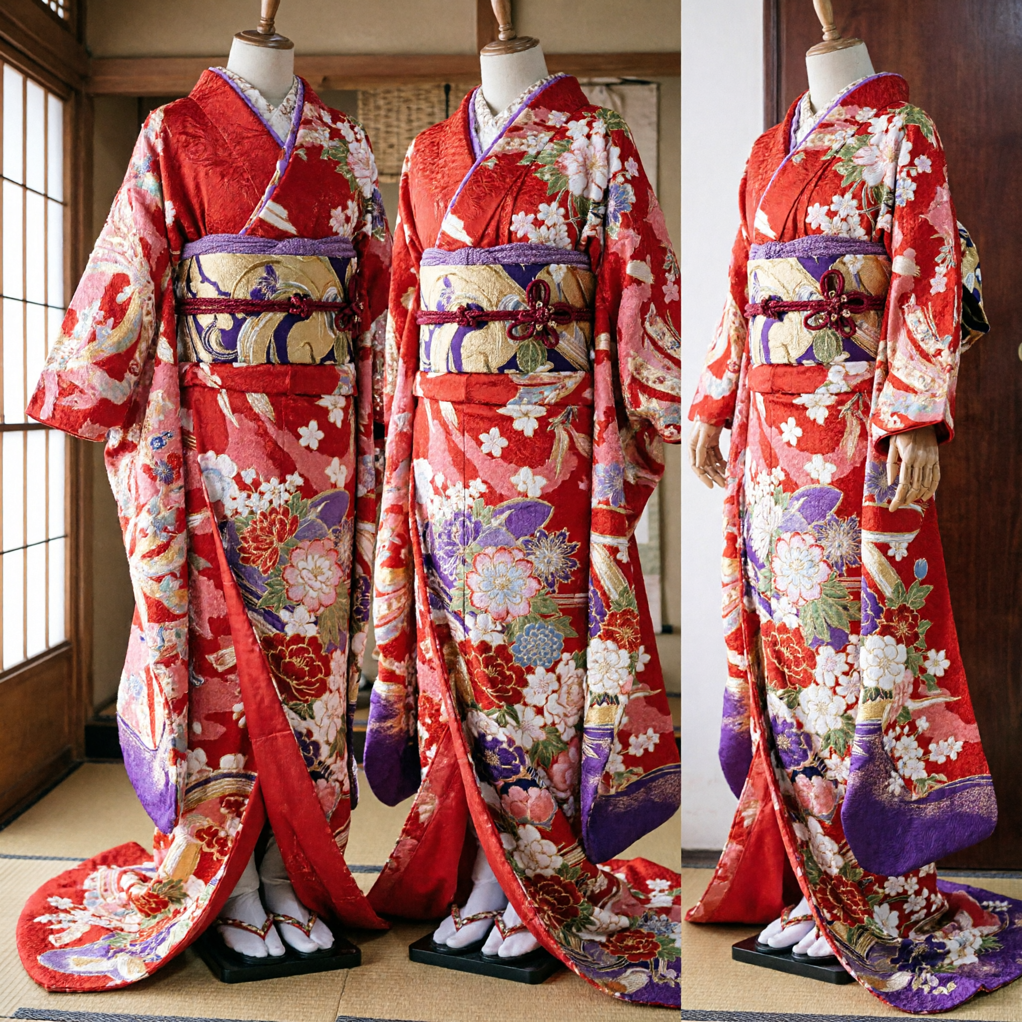 Traditional Japanese Red Floral Uchikake Kimono Set with Purple Obi for Wedding Ceremony Performance