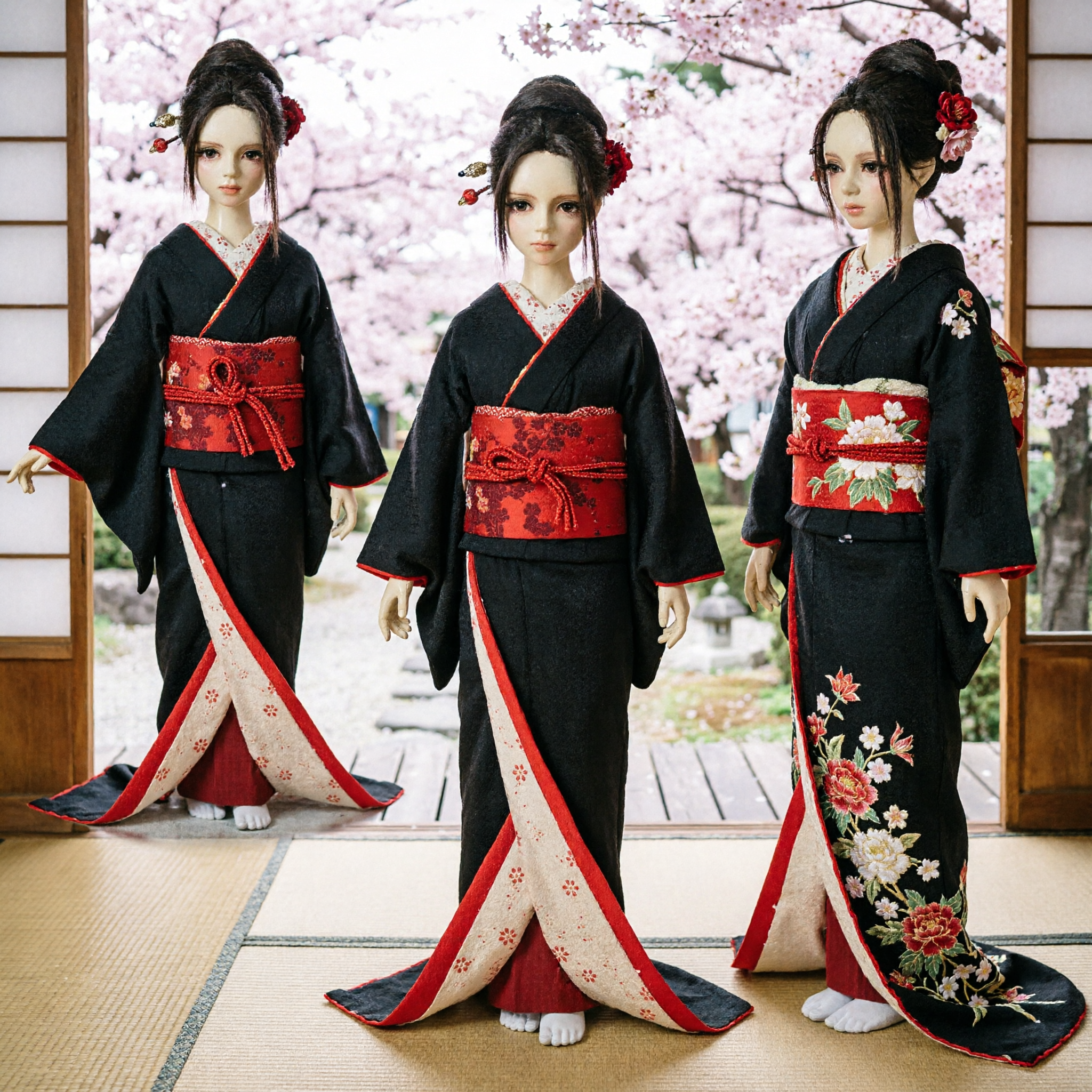 Elegant Black Traditional Kimono Costume with Red Floral Obi and Long Train for Doll Collectors