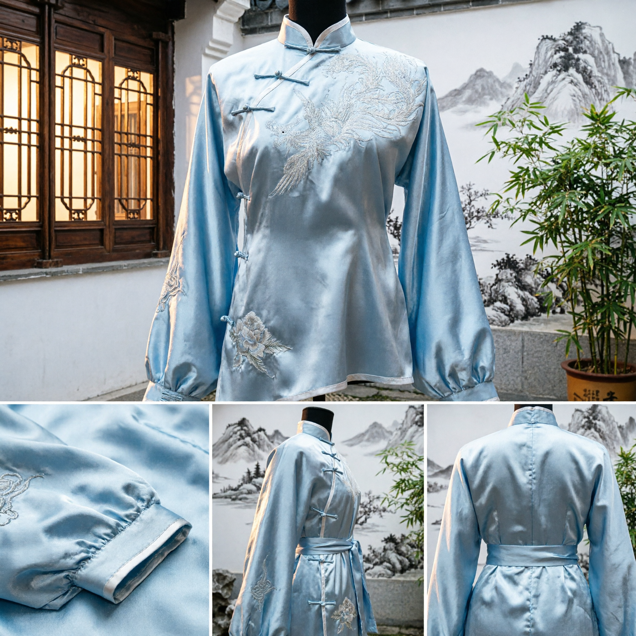 Elegant Light Blue Silk Tai Chi Uniform Women's Traditional Chinese Kung Fu Suit with Phoenix Embroidery
