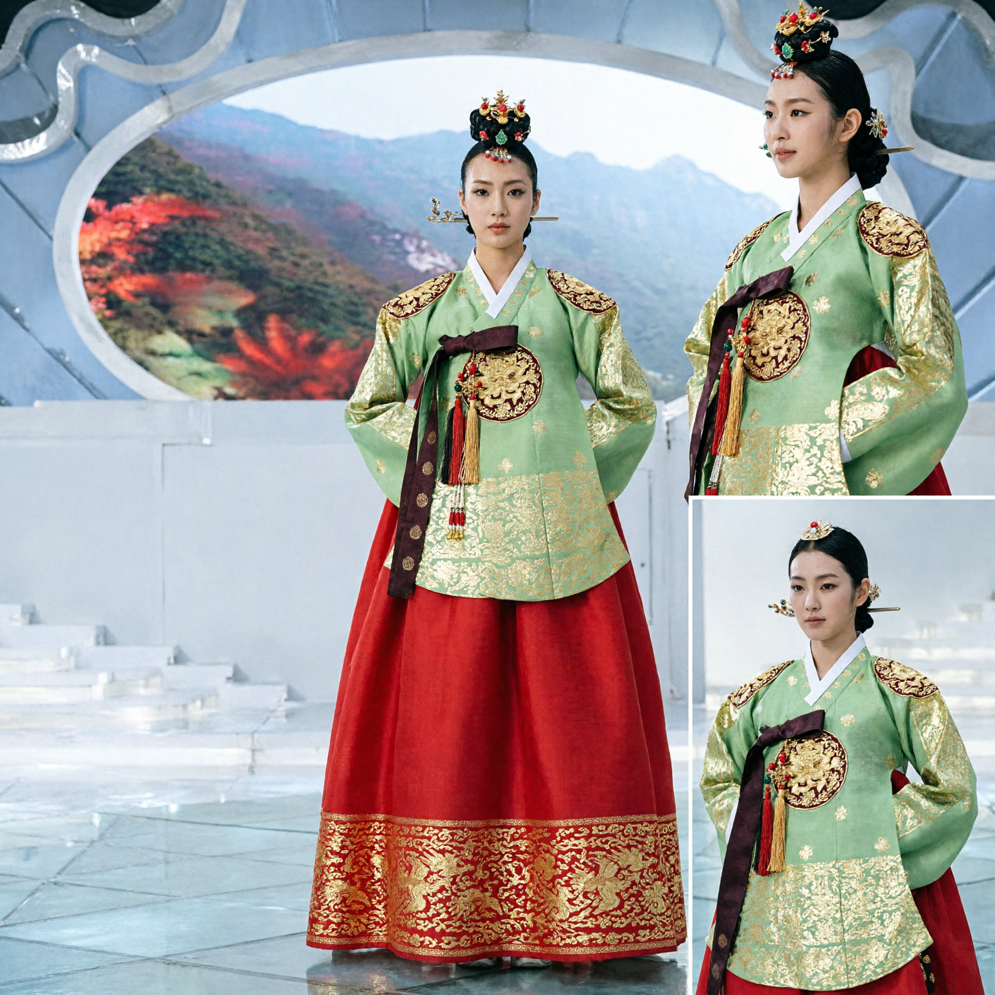 Elegant Traditional Korean Hanbok for Women Green Embroidered Jeogori Red Chima Palace Wedding Costume