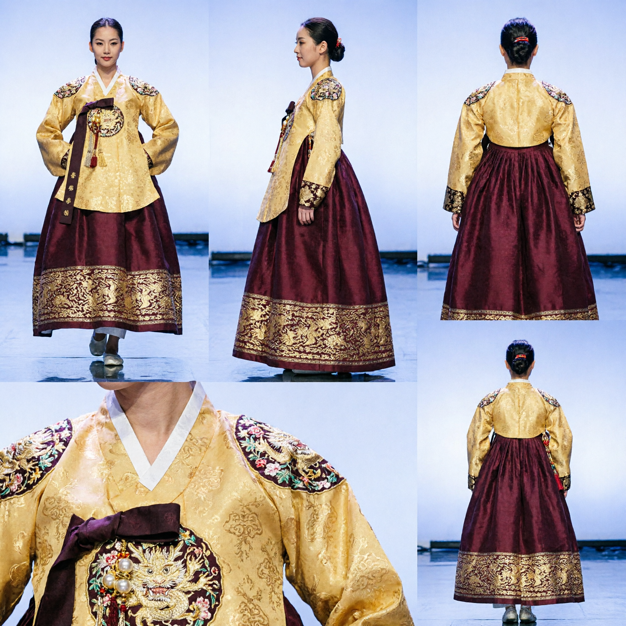 Traditional Korean Hanbok Women's Royal Palace Costume Gold Embroidered Formal Dress for Stage Performance and Events