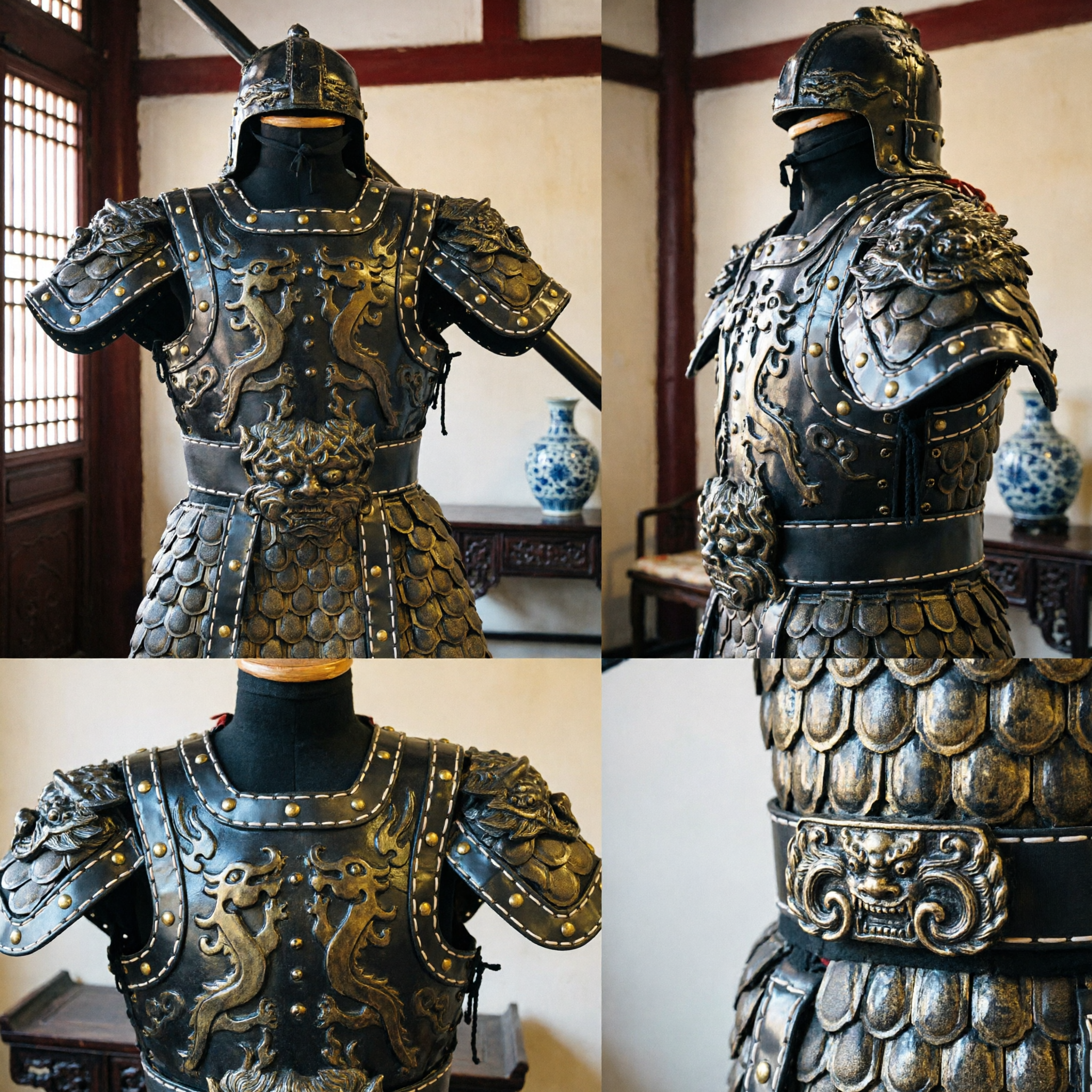 Ancient Chinese General Black Dragon Scale Mail Armor Suit Traditional Warrior Costume for Men Cosplay