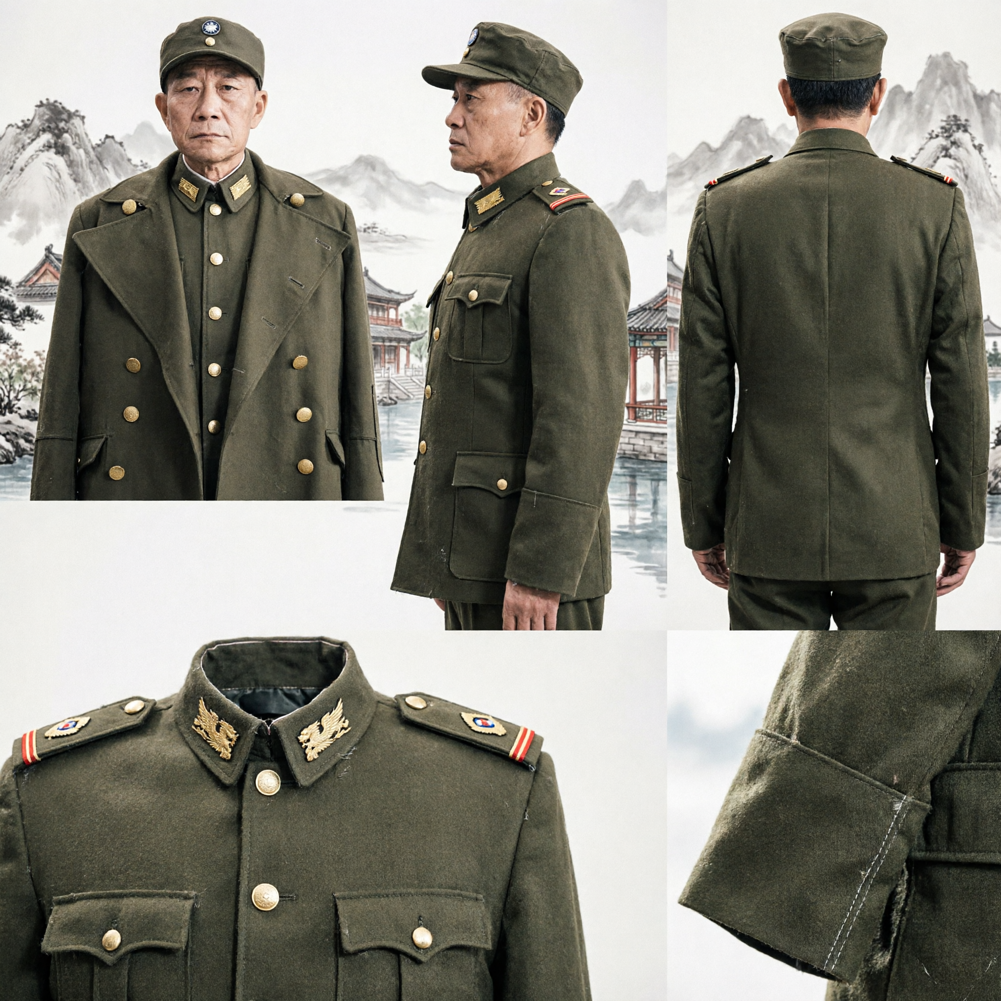 Men's WWII Chinese Nationalist General Military Uniform Costume with Overcoat and Cap for Historical Reenactment