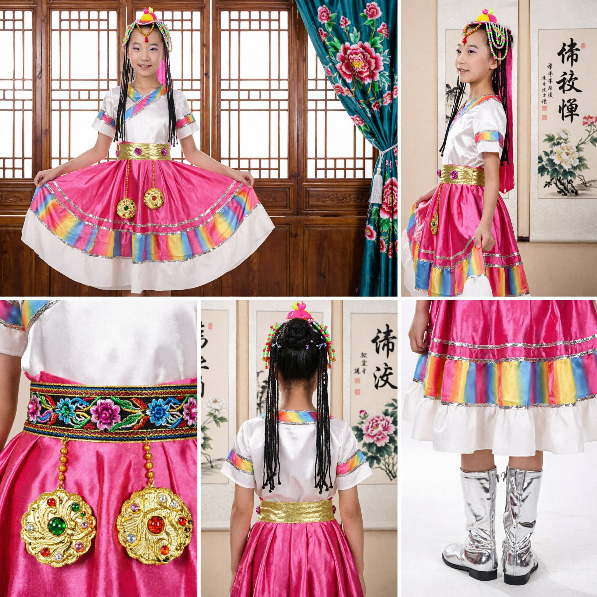 Children Tibetan Ethnic Dance Costume Traditional Folk Dress for Girls Stage Performance Outfit with Accessories