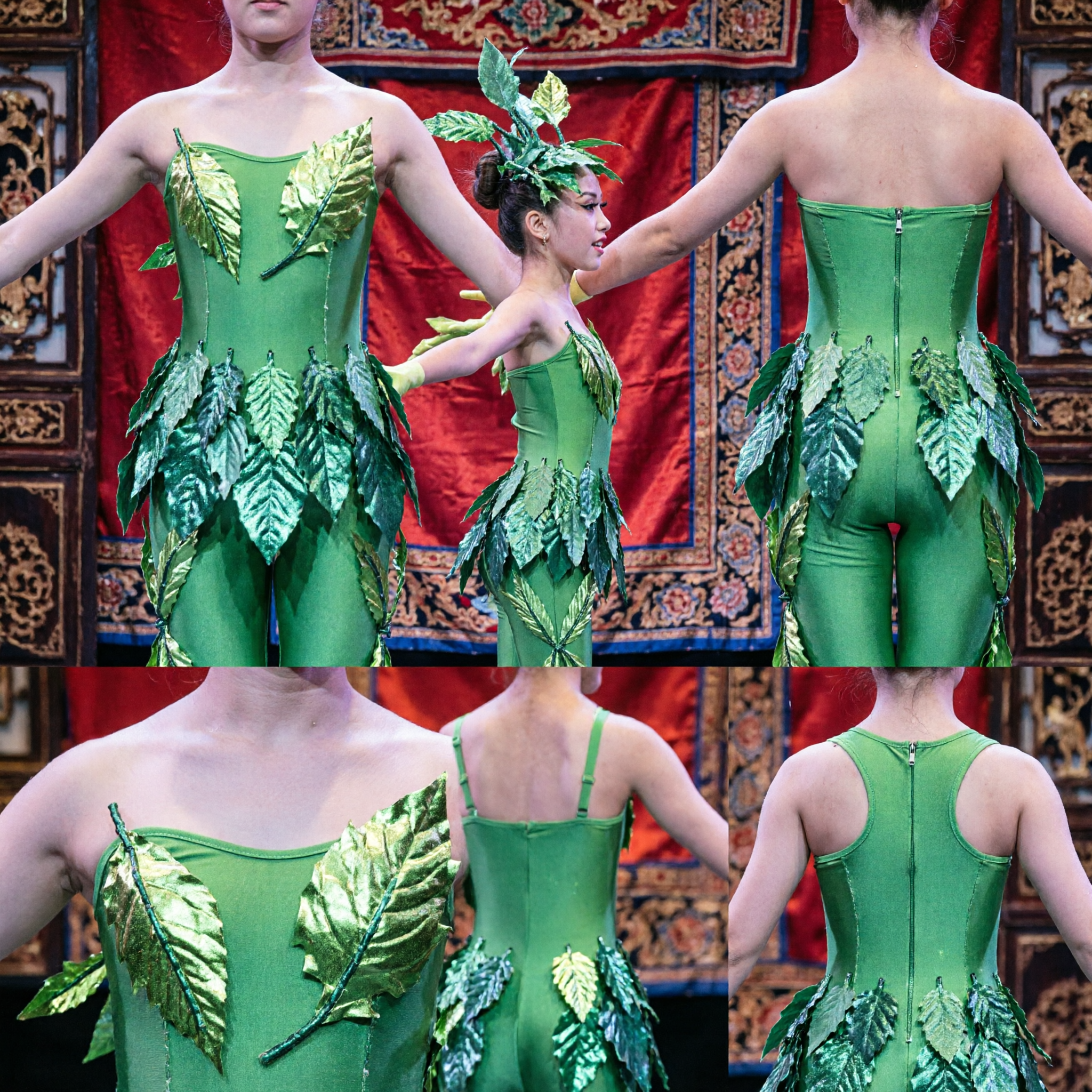 Women's Green Leaf Tree Dance Costume for Stage Performance Nature Themed Recital Outfit with Accessories