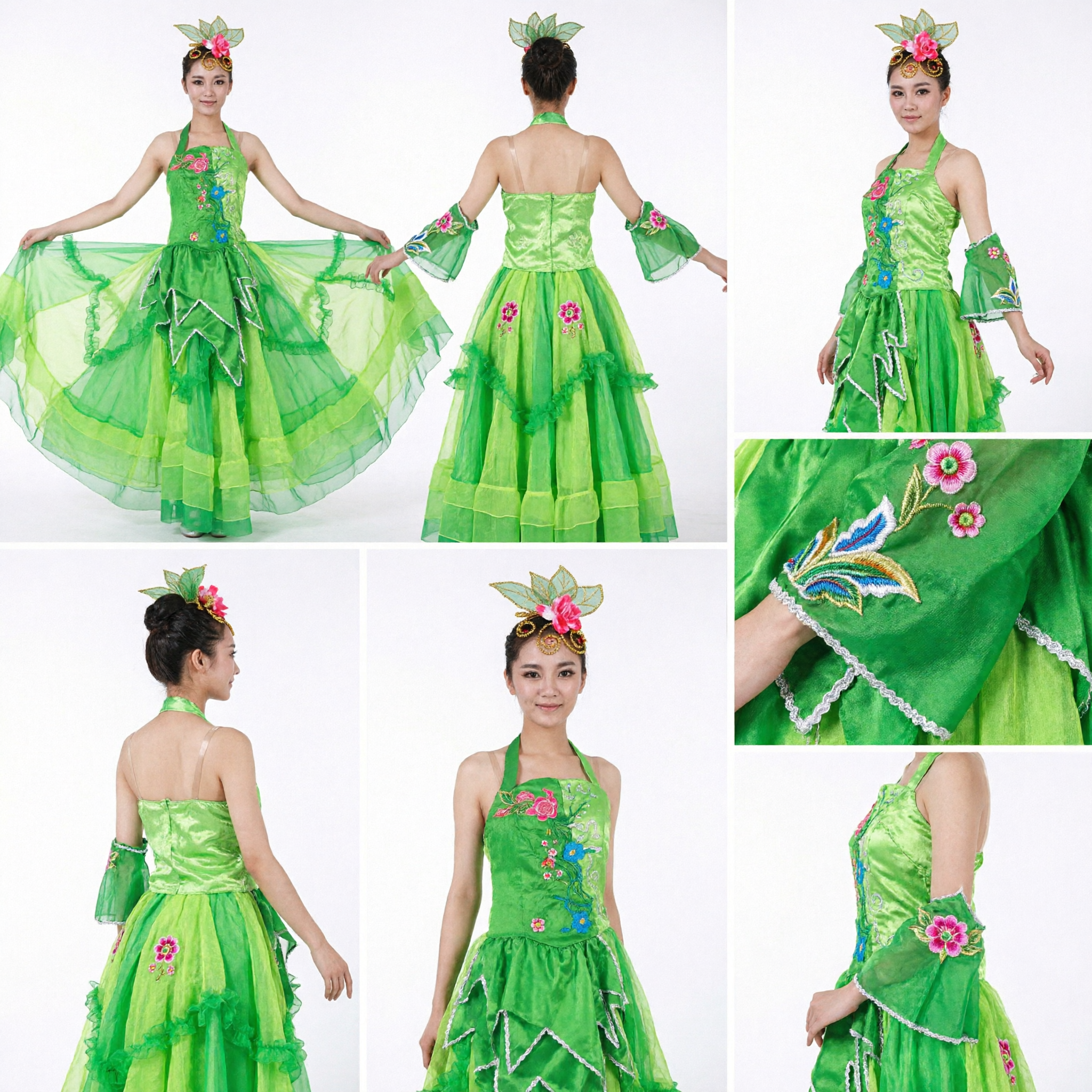 Women's Green Chinese Folk Dance Costume Traditional Stage Performance Dress with Floral Embroidery and Headpiece
