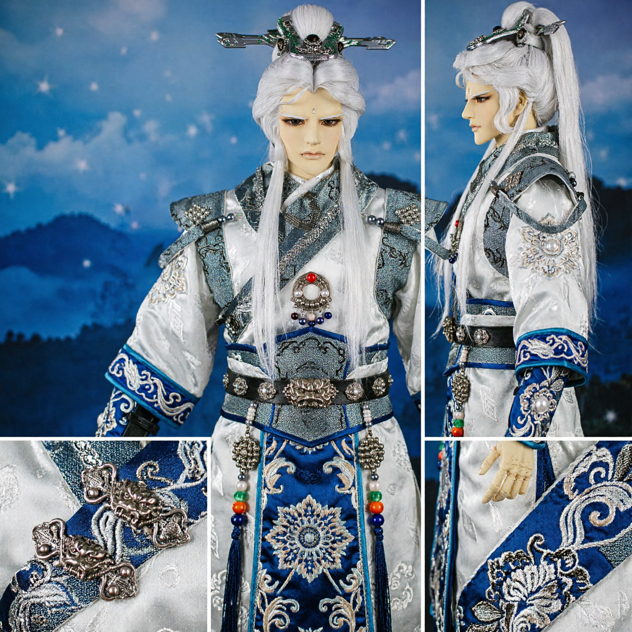 Chinese Ancient Pili Puppet Wig Silver Hair with Green Gem Headpiece Traditional Budaixi Costume for Male Collectors