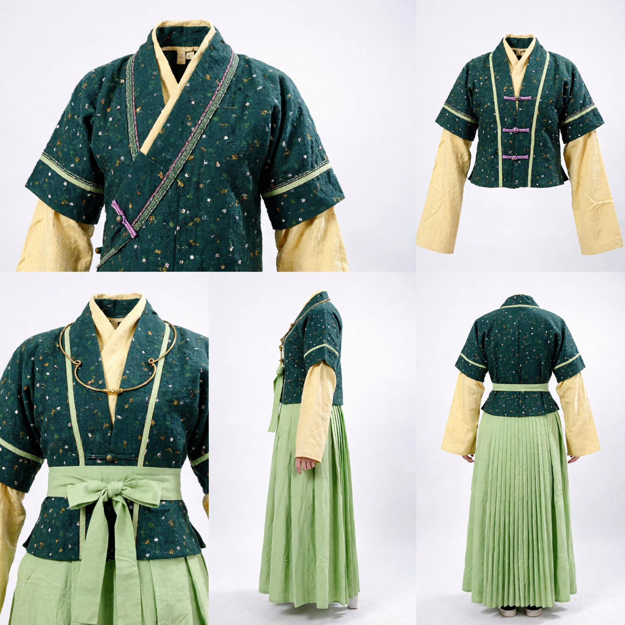Traditional Chinese Hanfu Costume for Women Green Patterned Jacket Yellow Sleeves Ancient Clothing for Performance
