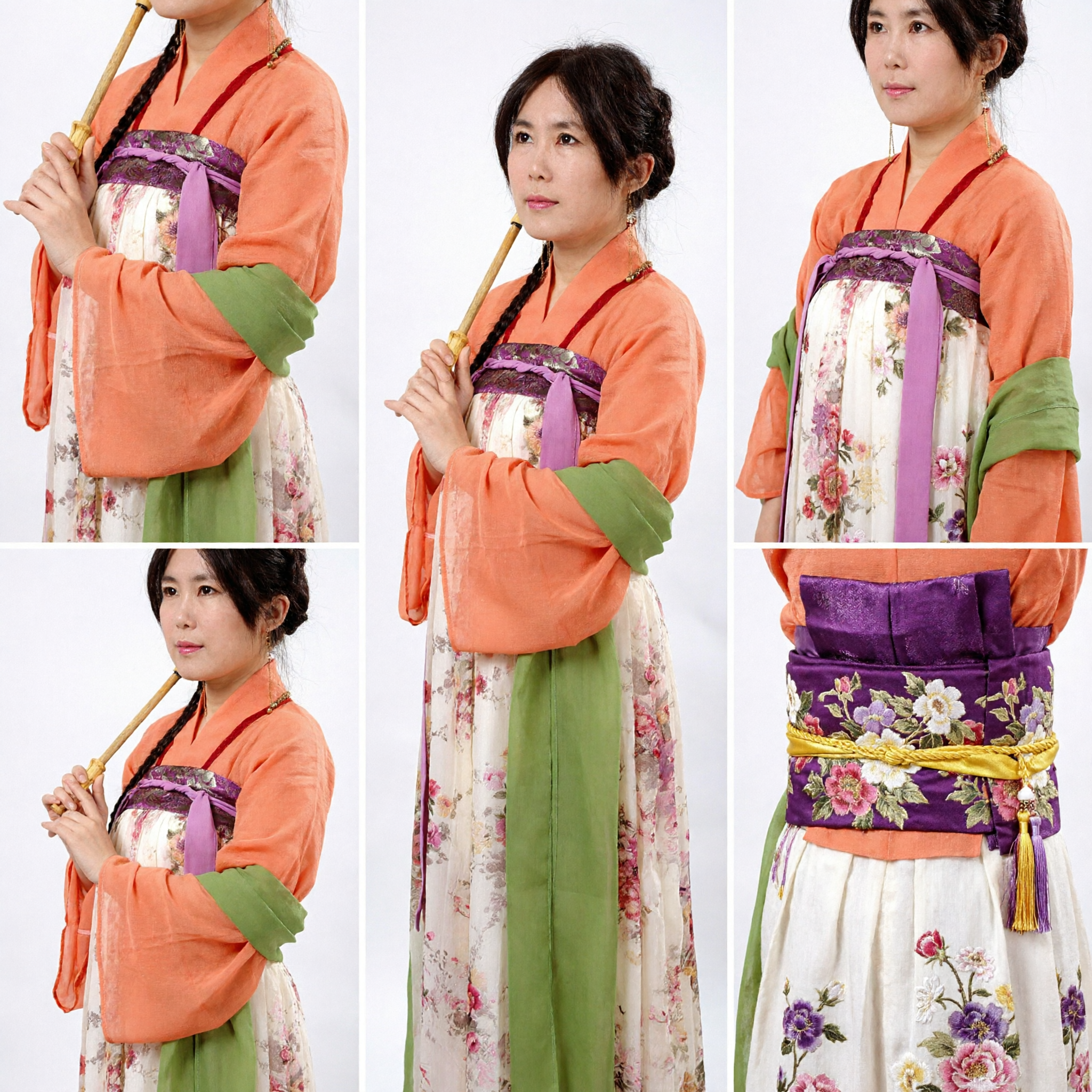 Traditional Chinese Hanfu Costume for Women Ancient Tang Dynasty Style Orange Ruqun Floral Skirt Set for Photography