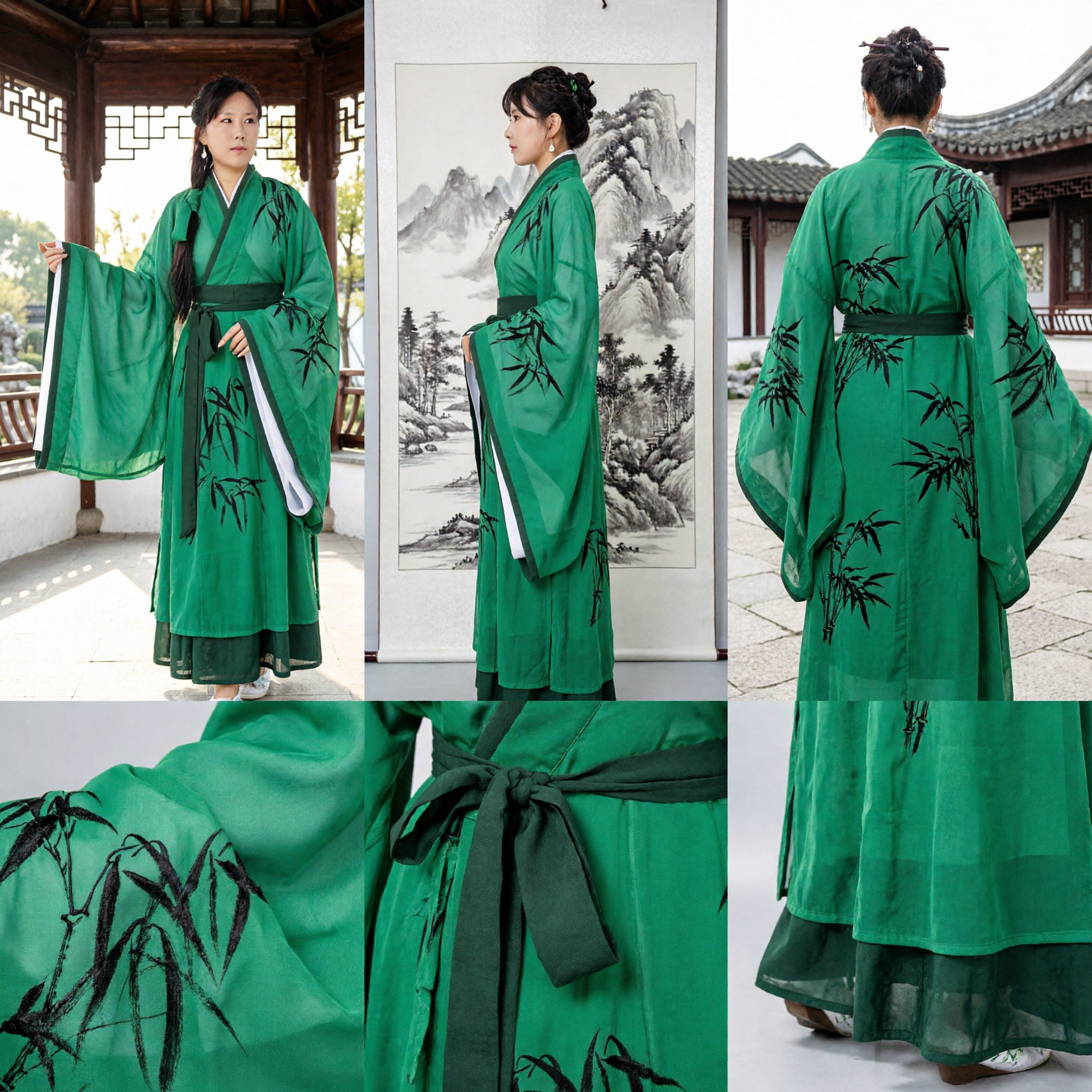 Women's Green Bamboo Ink Painting Hanfu Traditional Chinese Ancient Costume for Cosplay and Performance