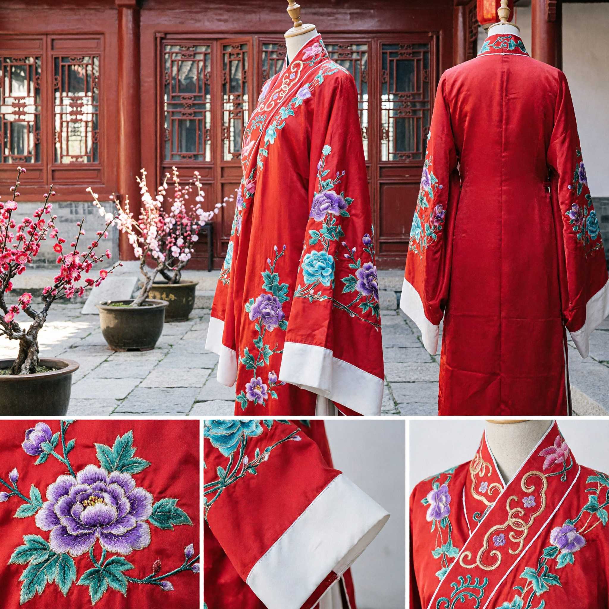 Women's Traditional Chinese Red Hanfu Robe with Peony Embroidery for Weddings and Stage Performance