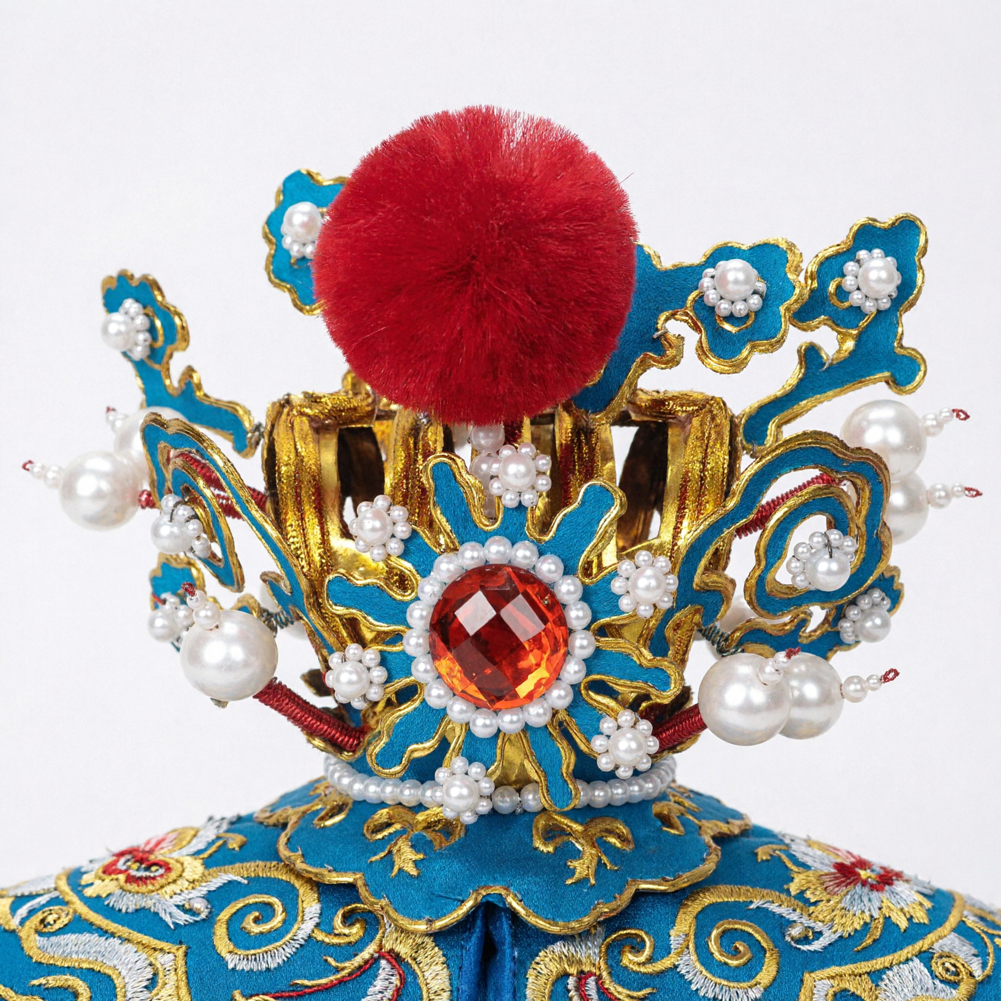 Traditional Chinese Opera Headdress with Red Pom Pom and Pearls for Beijing Opera Performance Costume
