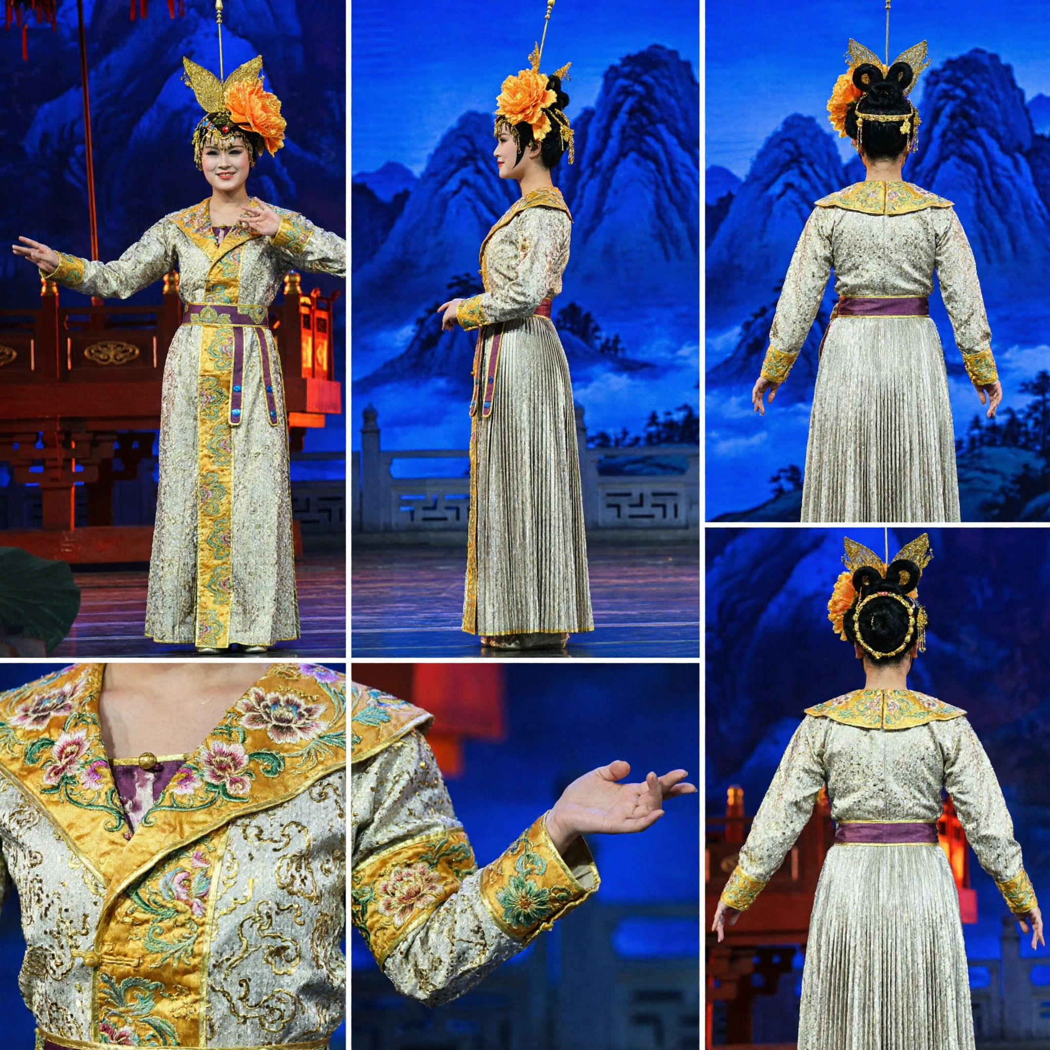 Traditional Chinese Stage Performance Costume Women's Golden Embroidered Robe for Folk Dance and Opera