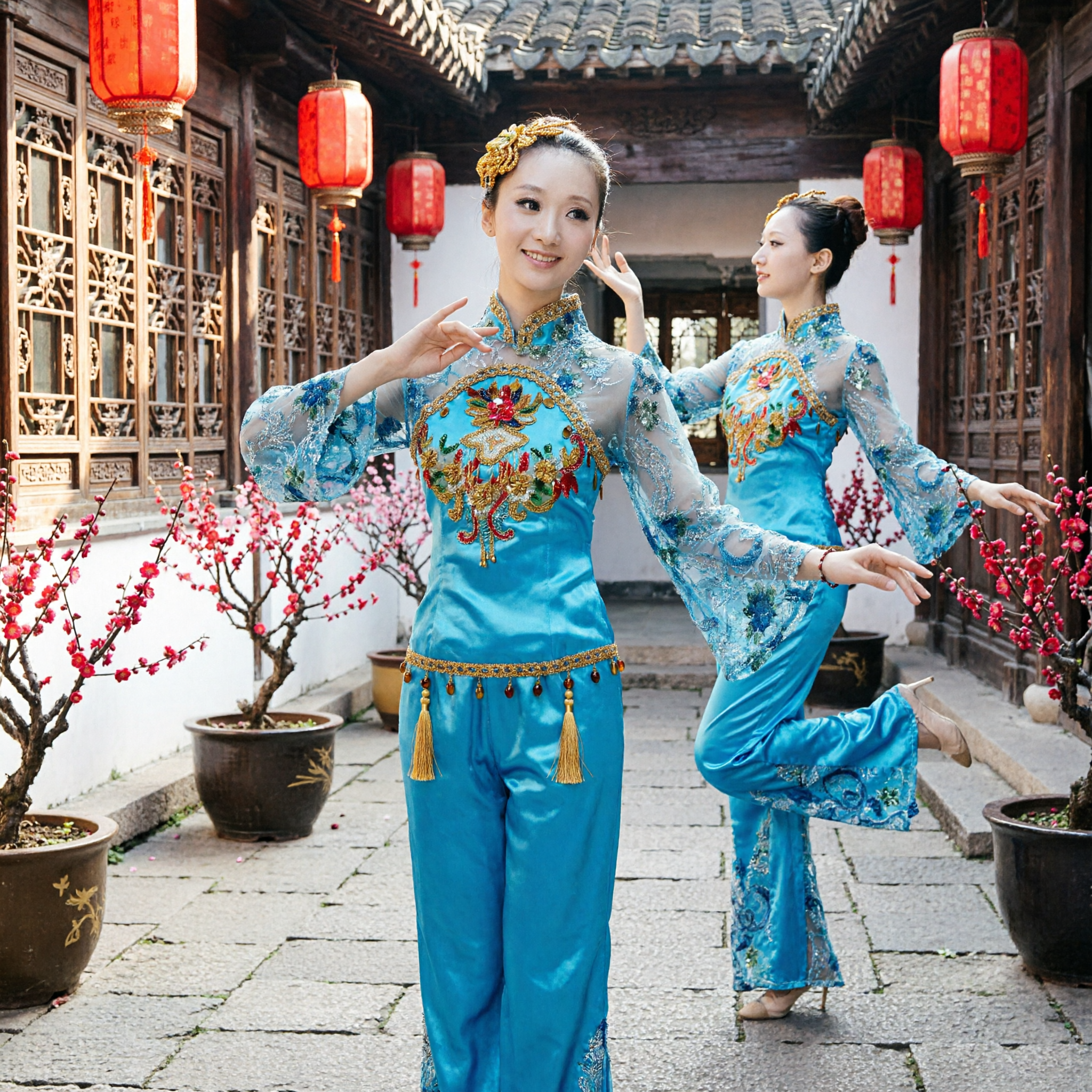 Women's Blue Chinese Traditional Dance Costume Folk Performance Outfit with Floral Embroidery for Stage