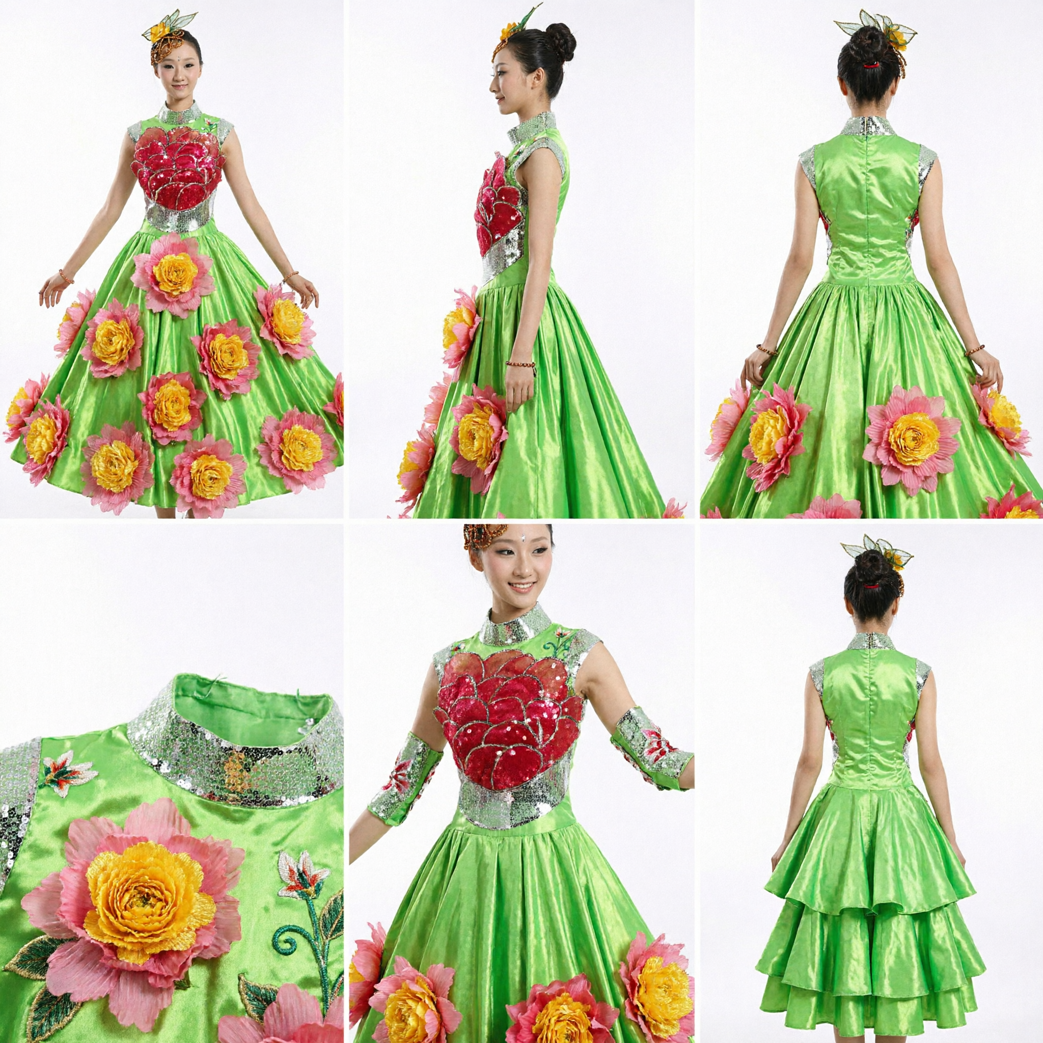 Women's Green Peony Flower Chinese Folk Dance Costume Traditional Stage Performance Dress for Fans