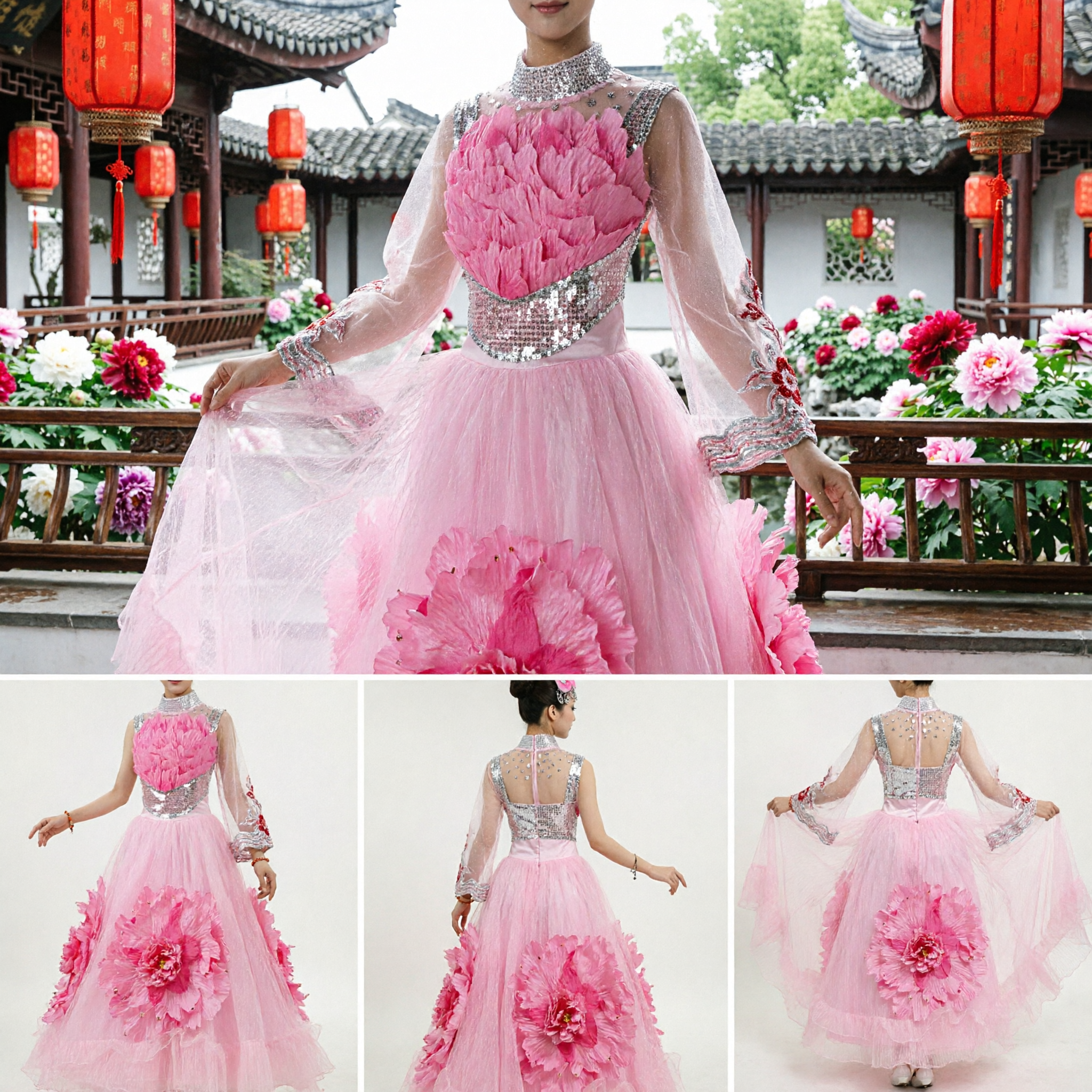 Women's Pink Chinese Flower Dance Costume Traditional Folk Dress for Stage Performance and Cultural Shows