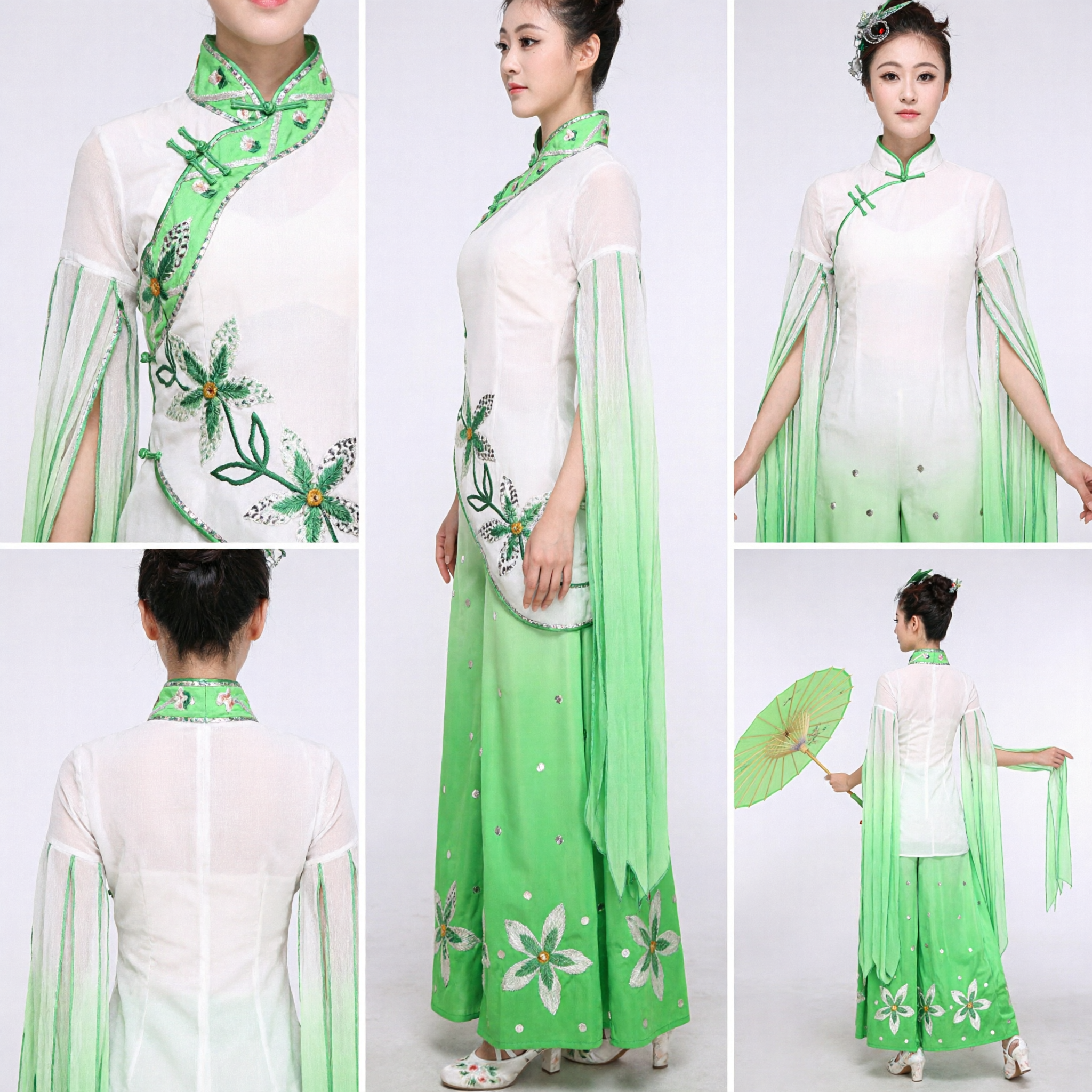 Traditional Chinese Green Yangge Dance Costume Women Folk Performance Dress with Umbrella