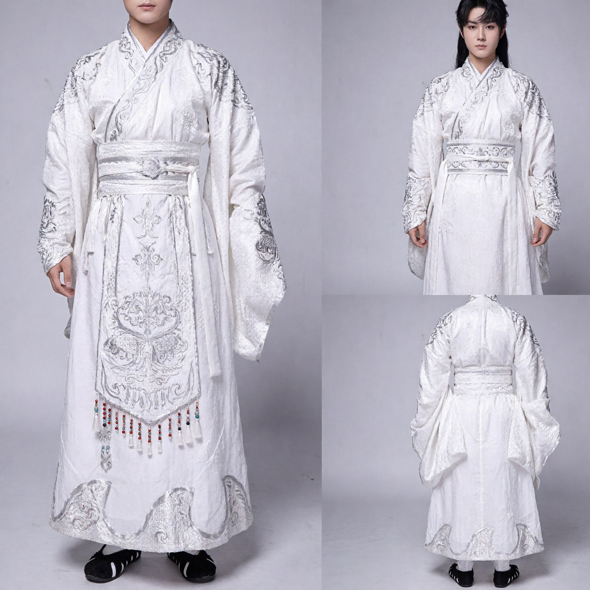 Ancient Chinese Wuxia Swordsman Hanfu Costume Men White Embroidered Robe with Veil Hat Set