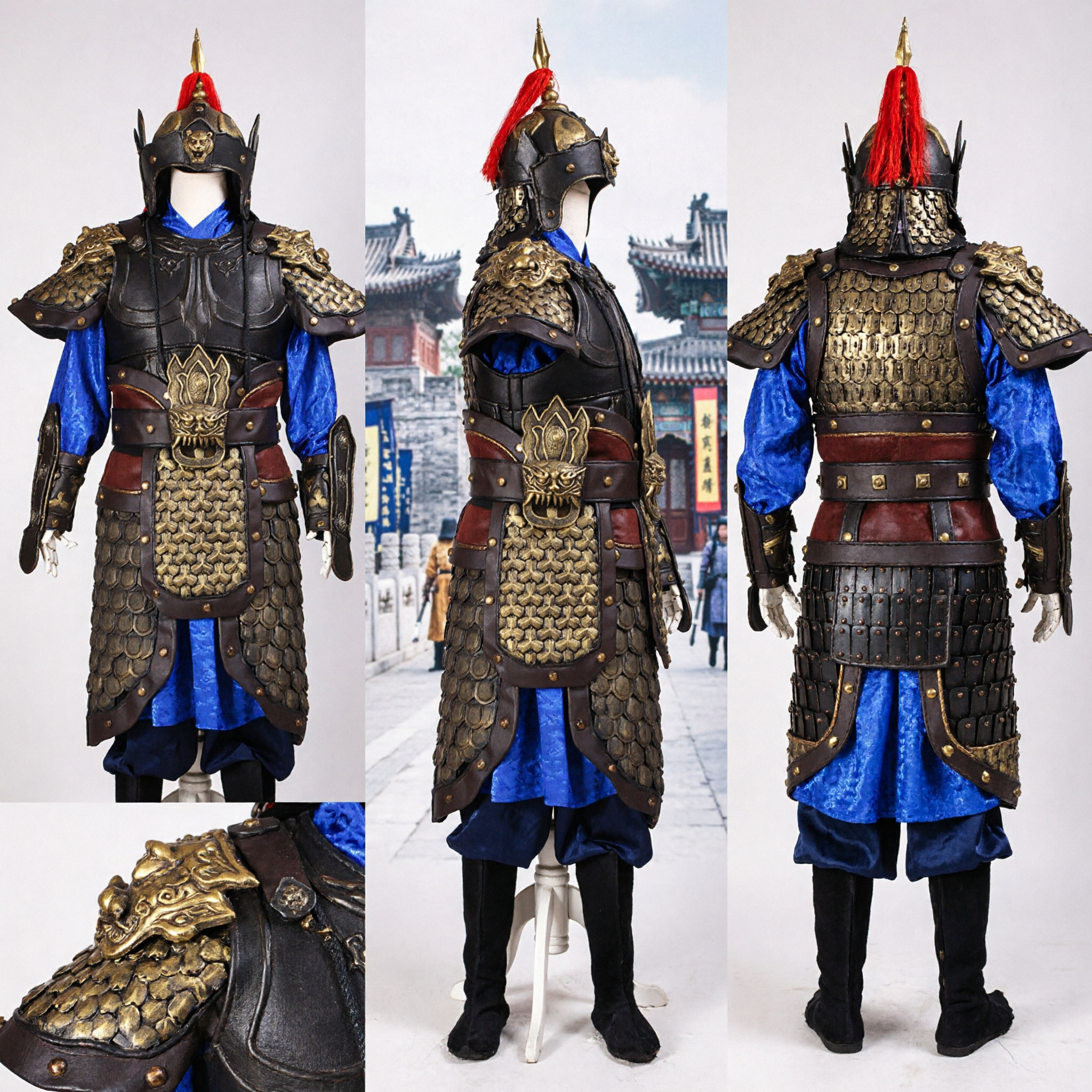Complete Ancient Chinese General Armor Costume Set Black and Gold Warrior Outfit for Cosplay and Theater Performance