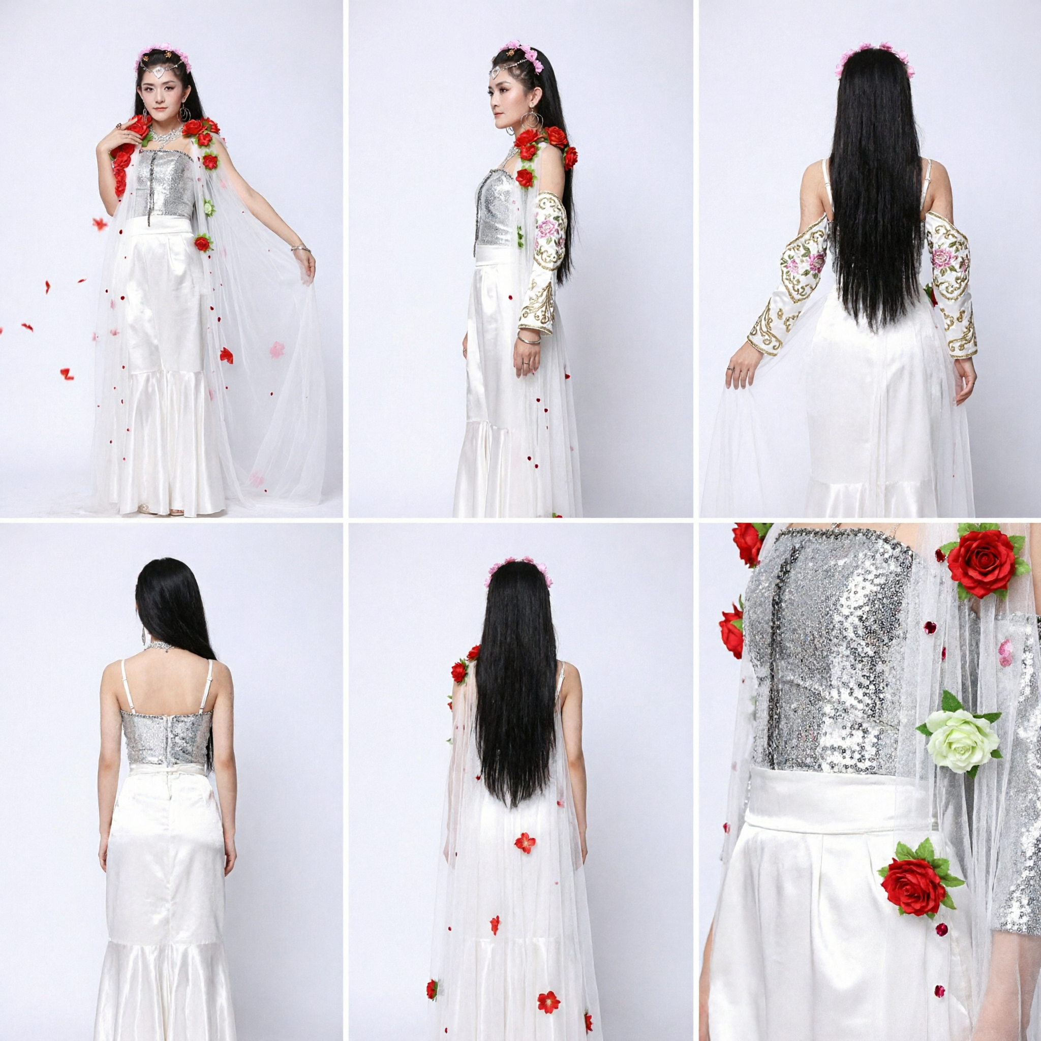 Women's Traditional Stage Dance Costume Silver Sequin Bodice White Pants and Red Rose Veil for Performance