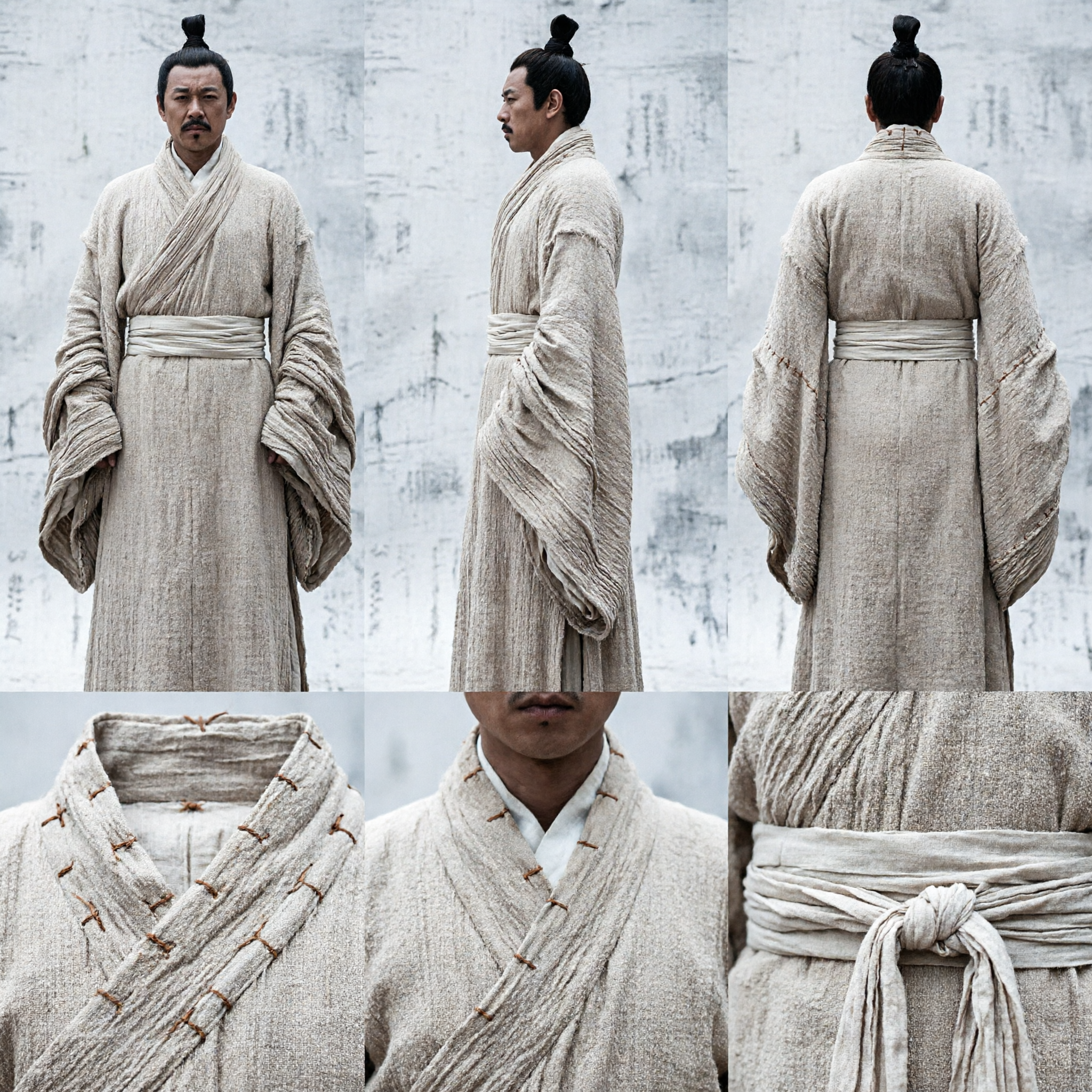 Men's Ancient Chinese Hanfu Costume Beige Linen Robe Traditional Warring States Scholar Warrior Outfit for Cosplay