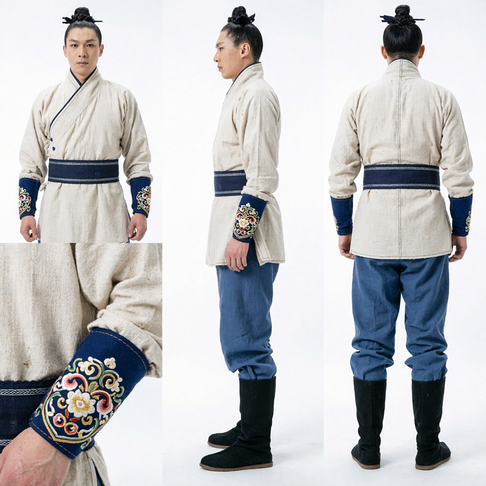 Men's Traditional Chinese Ancient Scholar Hanfu Costume Beige Robe for Historical Stage Play and Cosplay