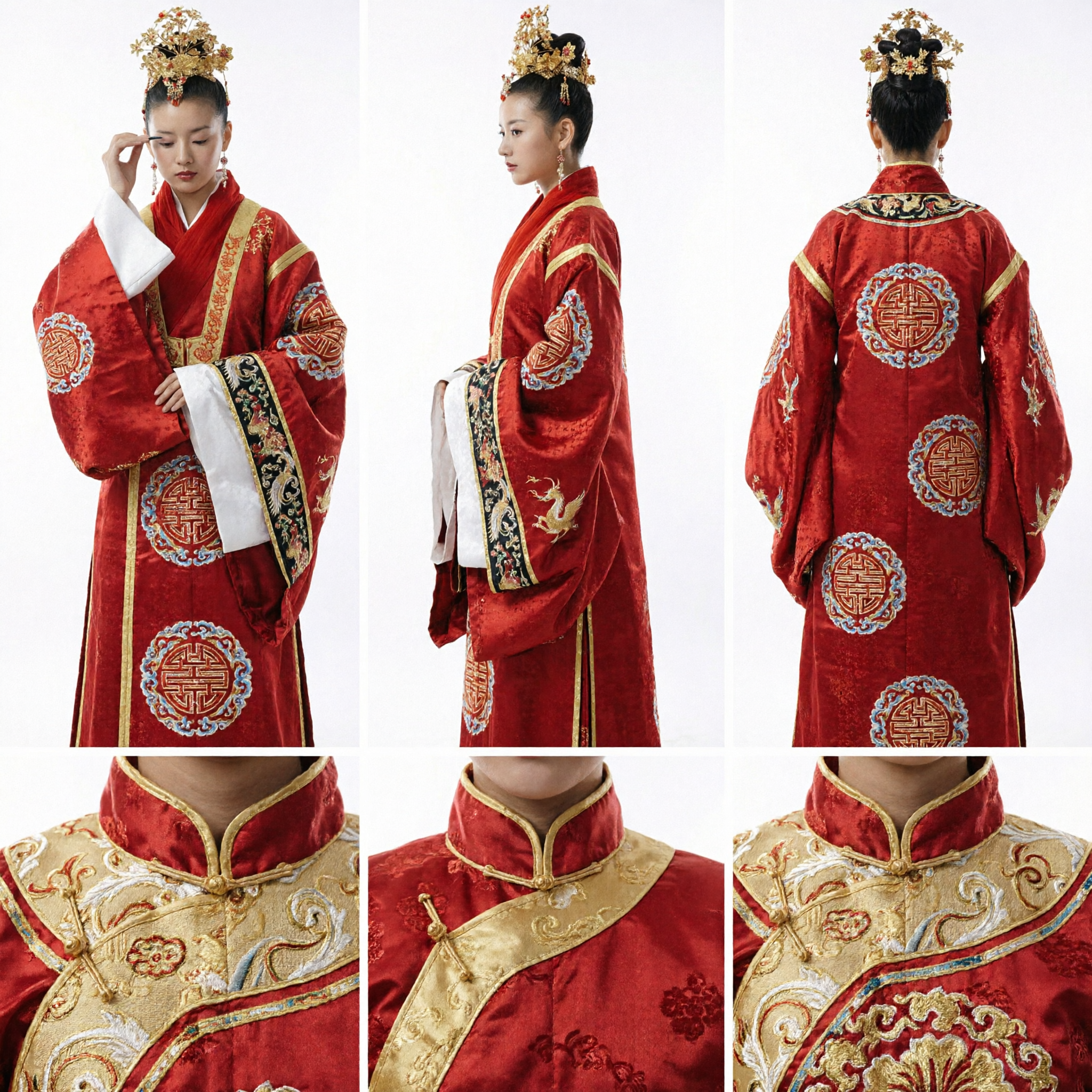 Traditional Chinese Wedding Hanfu Red Robe with Elaborate Gold Phoenix Crown Headdress for Women Cosplay