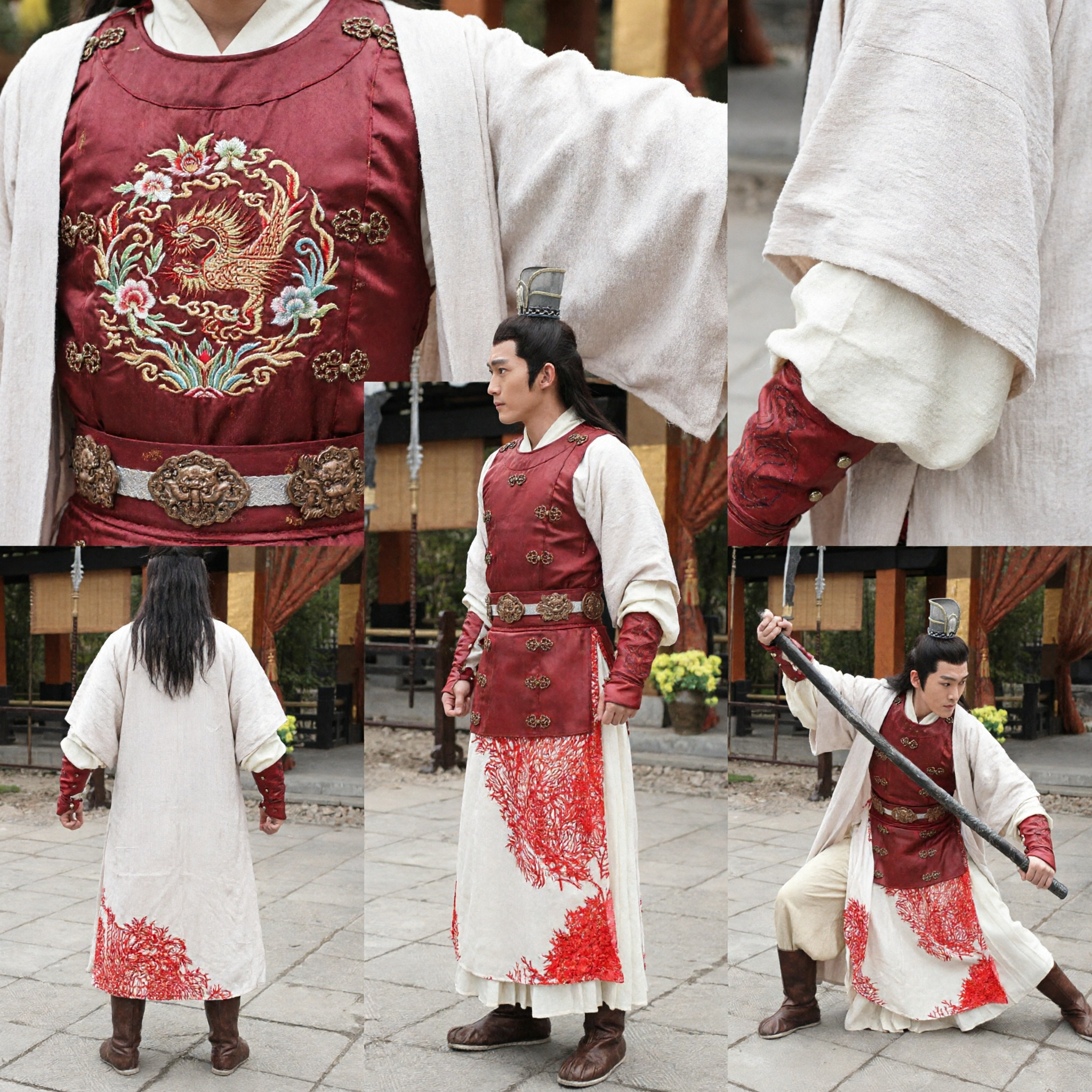Men's Ancient Chinese General Warrior Costume Red Armor Robe for Cosplay Halloween Historical Performance