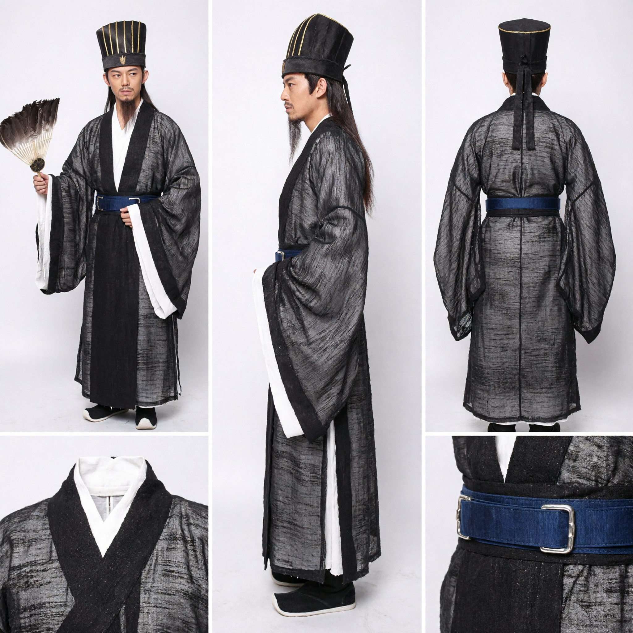 Men's Ancient Chinese Three Kingdoms Zhuge Liang Hanfu Costume Traditional Scholar Robe with Feather Fan