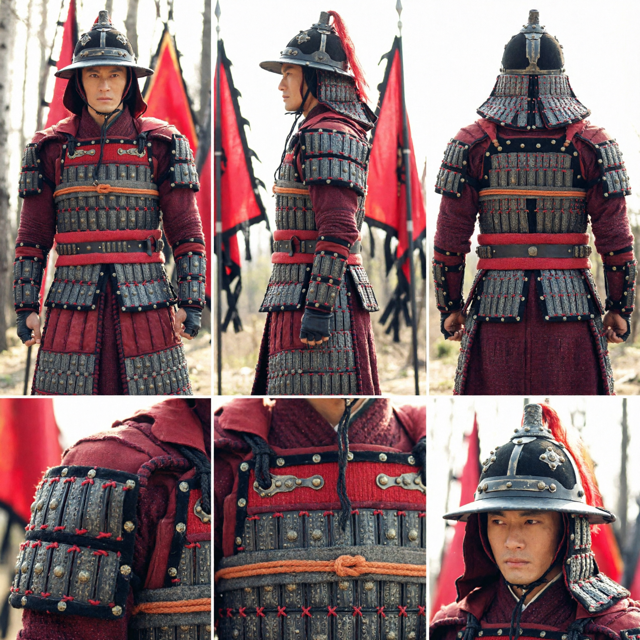 Men's Chinese Ancient General Armor Costume Song Dynasty Military Warrior Outfit Red Black Lamellar Suit for Cosplay