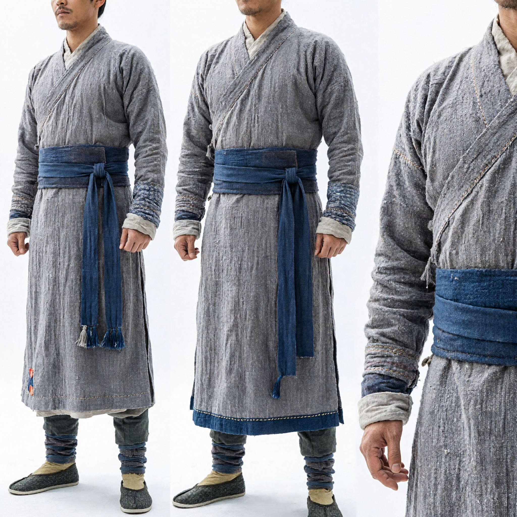 Ancient Chinese Swordsman Costume Men Grey Linen Hanfu Martial Arts Cosplay Outfit for Stage Performance
