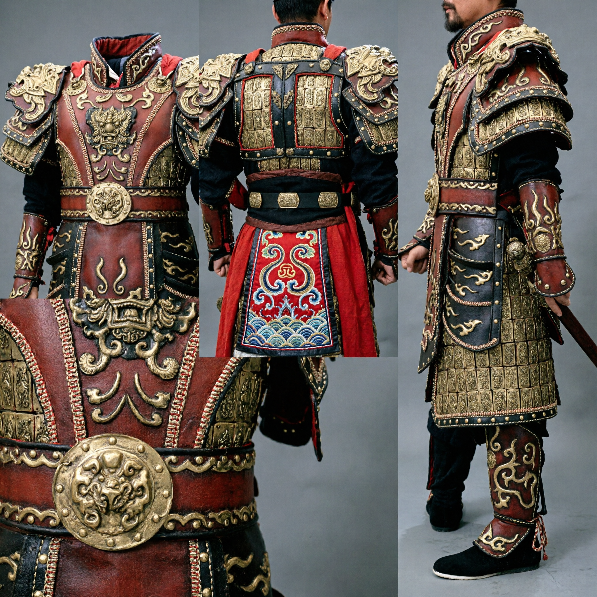 Deluxe Chinese Ancient General Armor Costume Red Gold Dragon Warrior Outfit for Men Historical Cosplay Performance