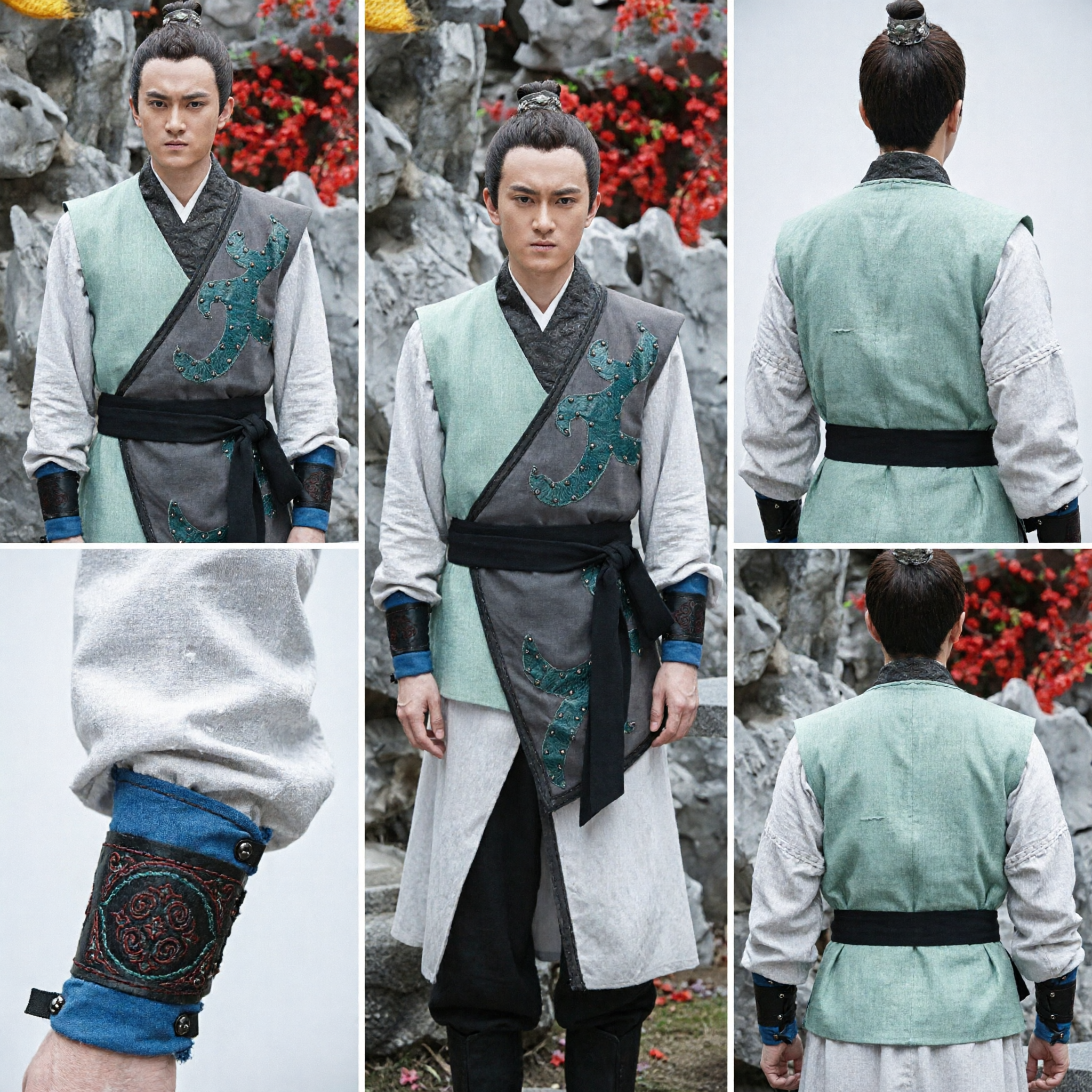 Traditional Chinese Men's Hanfu Grey Cross-Collar Robe with Teal Embroidery for Scholars and Martial Arts Cosplay