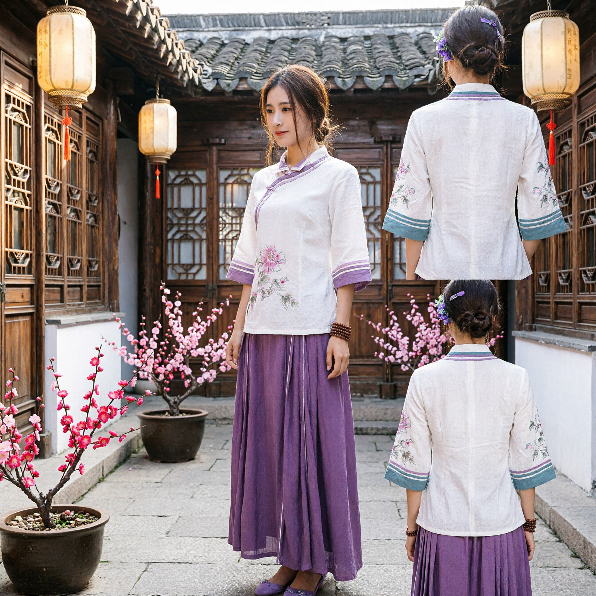 Women's Traditional Chinese Zen Style Linen Set Embroidered Cheongsam Top and Purple Long Skirt for Tea Ceremony