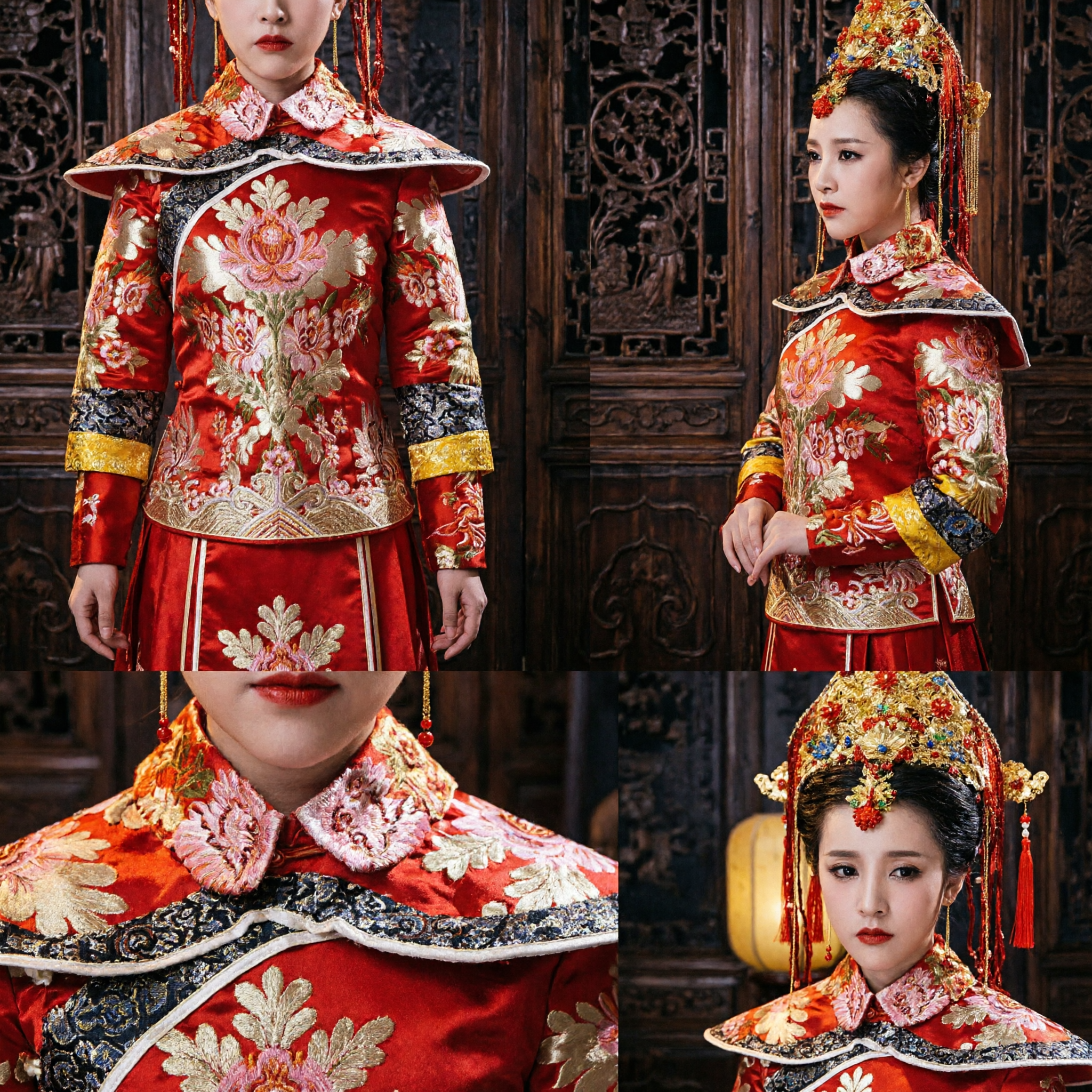 Traditional Chinese Wedding Dress Red Embroidered Bride Gown with Phoenix Crown Ancient Oriental Costume for Women