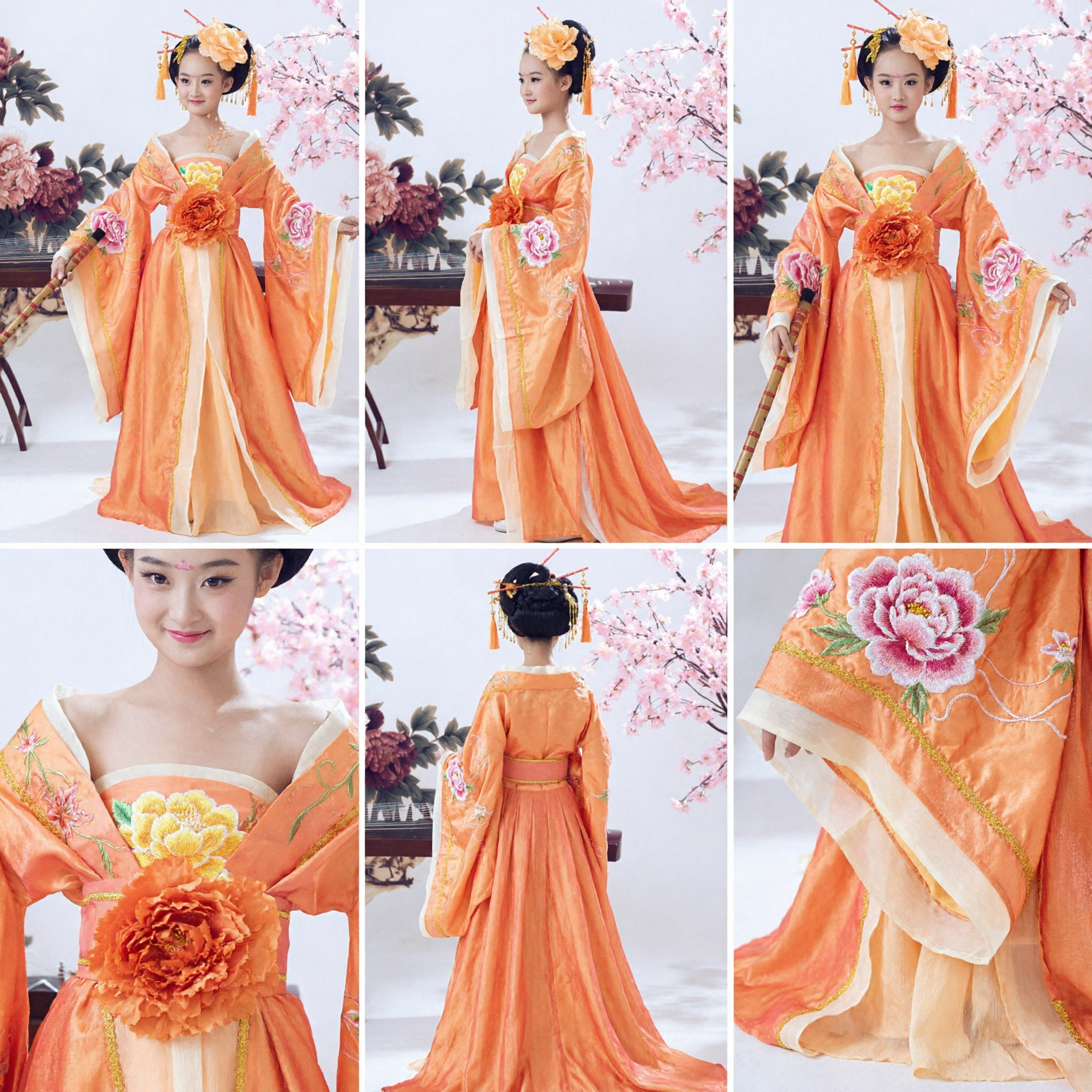 Traditional Chinese Hanfu Costume for Kids Tang Dynasty Palace Lady Orange Floral Dress for Dance Performance