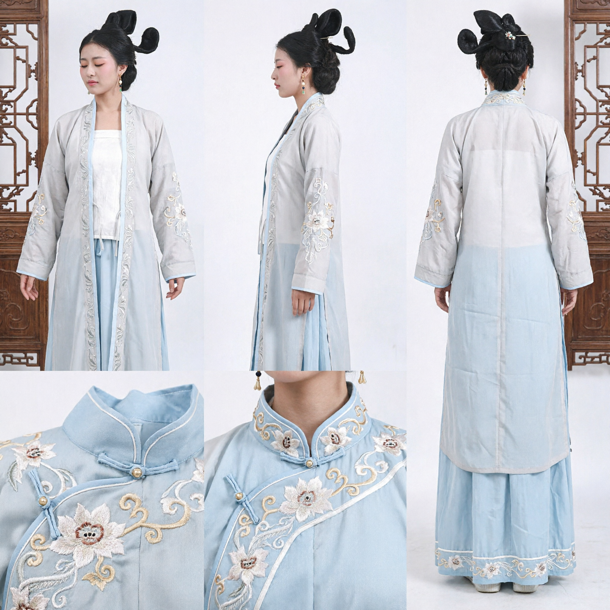 Traditional Chinese Hanfu Costume Elegant Silver Embroidery Long Robe Ancient Outfit for Women Performance