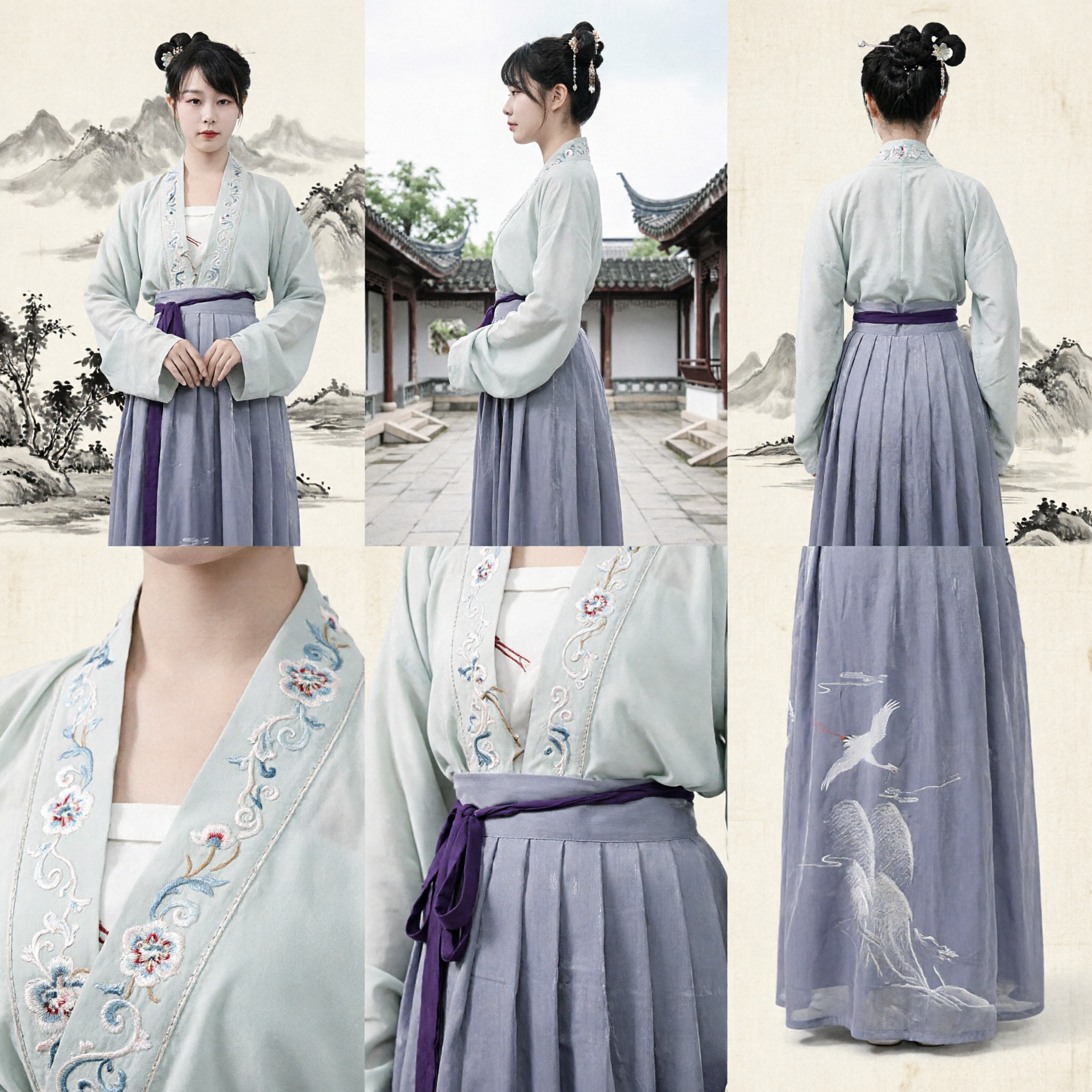 Traditional Chinese Hanfu Song Dynasty Style Embroidered Crane Skirt and Robe Set for Women