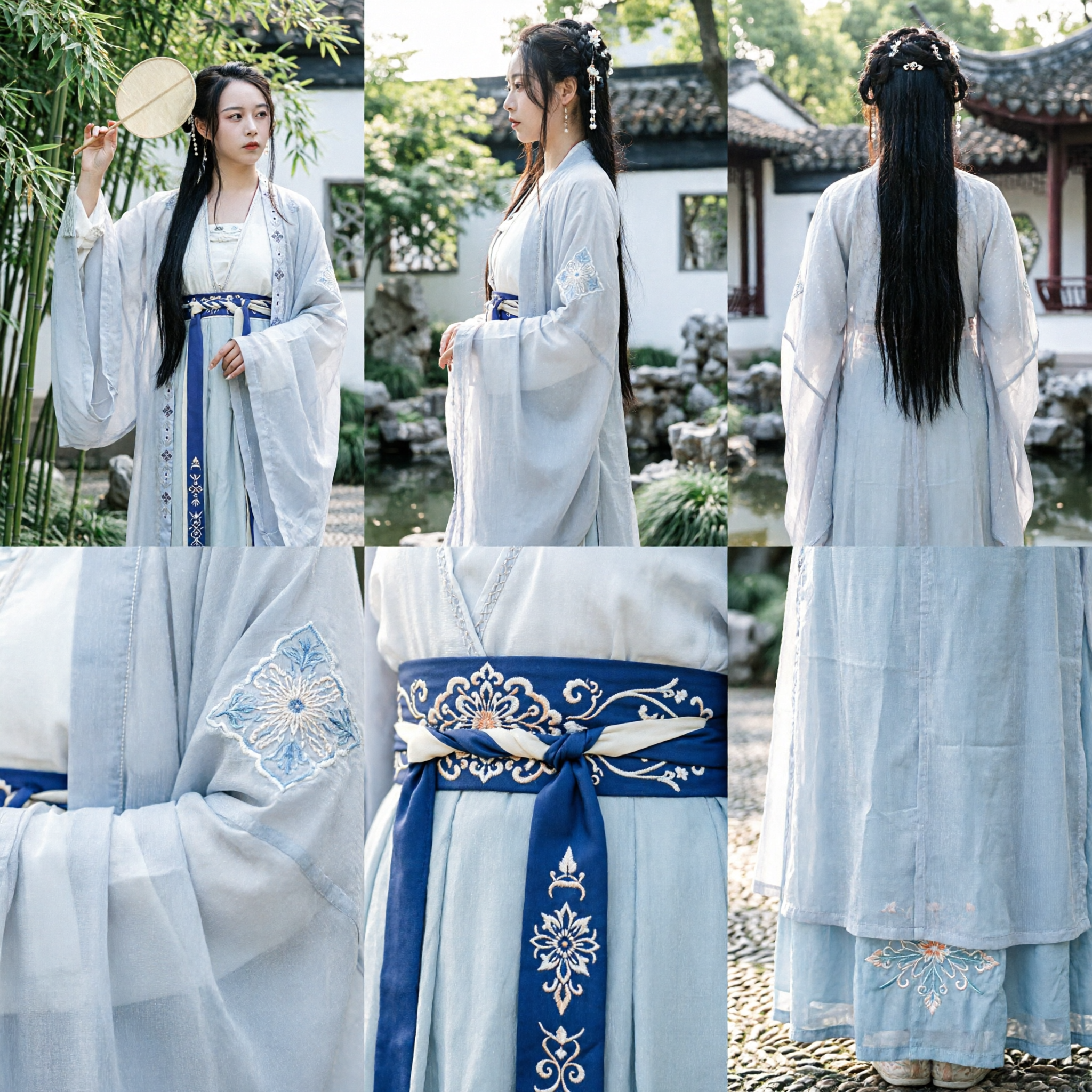 Traditional Chinese Hanfu Costume for Women Ancient Fairy Style White Blue Embroidered Robe for Cosplay and Photography