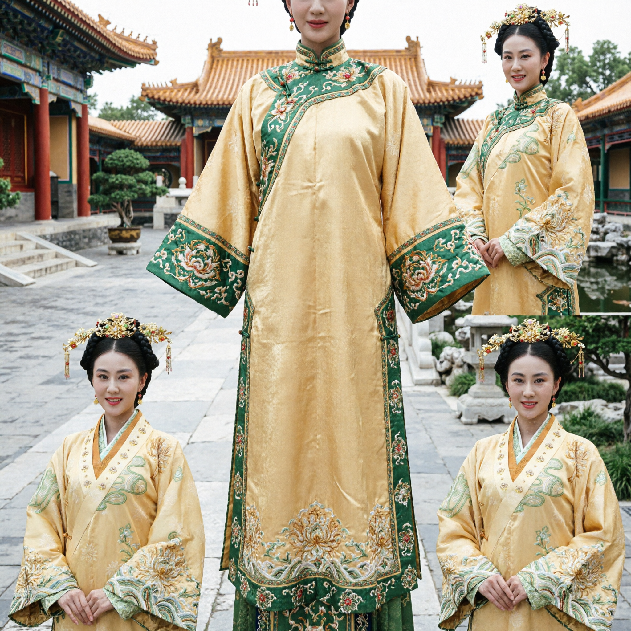 Ancient Chinese Princess Costume Yellow Hanfu Dress with Elaborate Golden Hair Accessories for Women