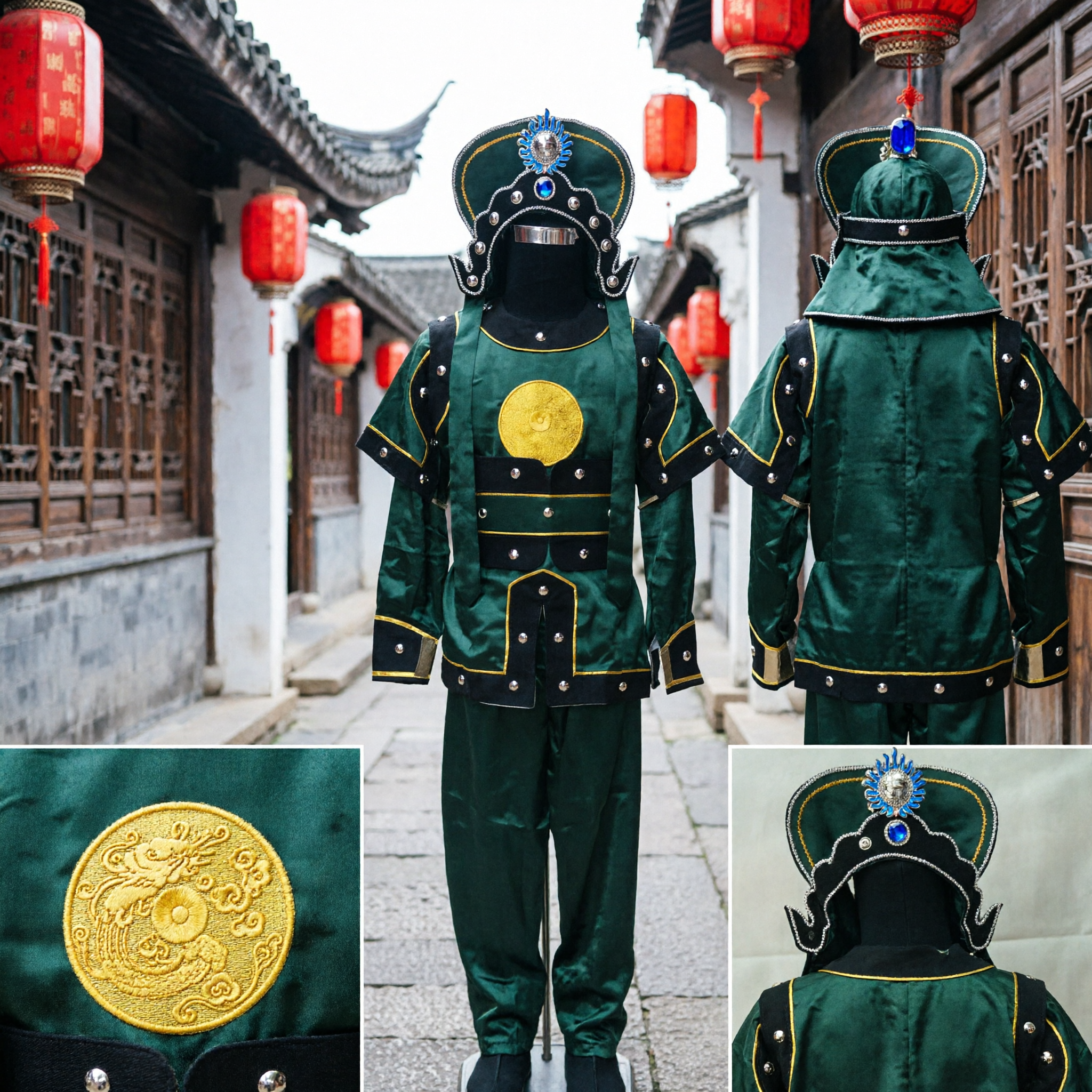 Traditional Chinese Peking Opera General Costume Green Ancient Warrior Military Armor Outfit for Men Stage Performance