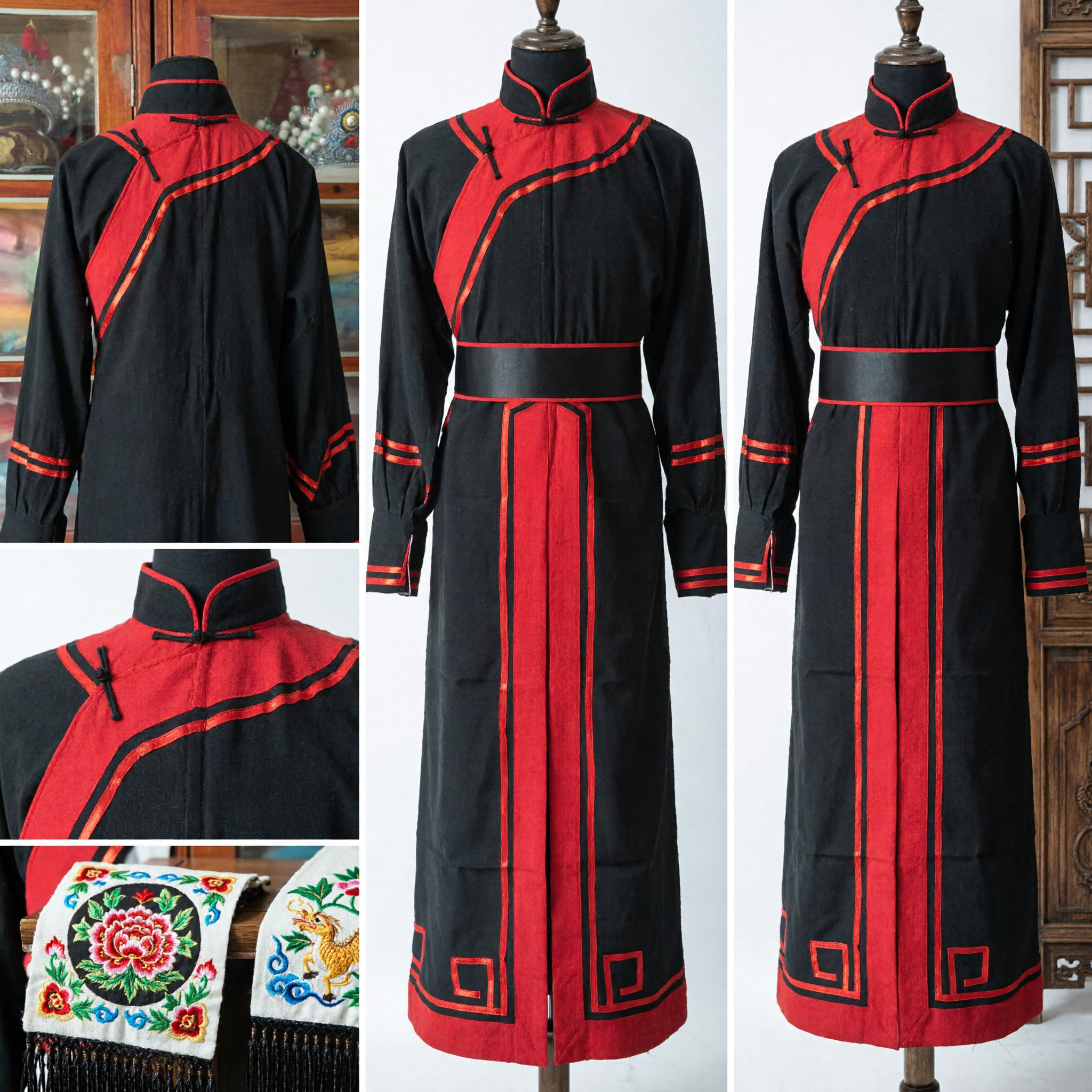 Traditional Chinese Mongolian Ethnic Costume Black Red Long Sleeve Robe for Men Stage Performance