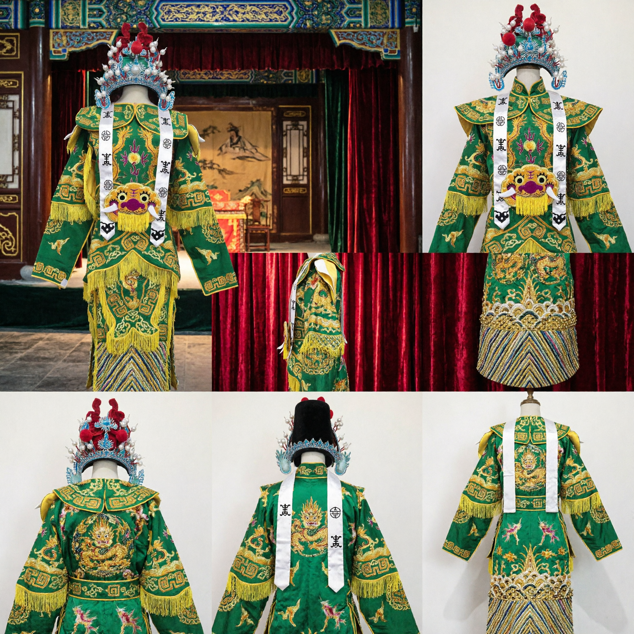 Traditional Chinese Beijing Opera Green General Armor Costume Complete Set with Headdress for Stage Performance