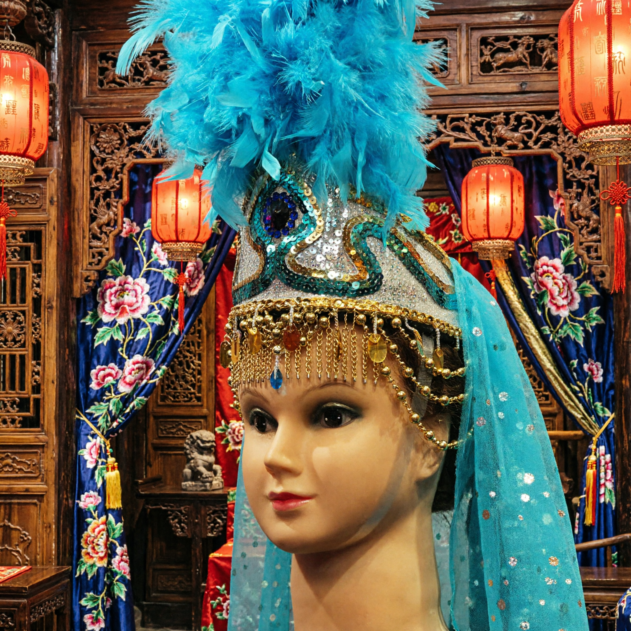 Exotic Blue Feather Carnival Headdress with Gold Sequins and Veil for Samba Dance Stage Performance