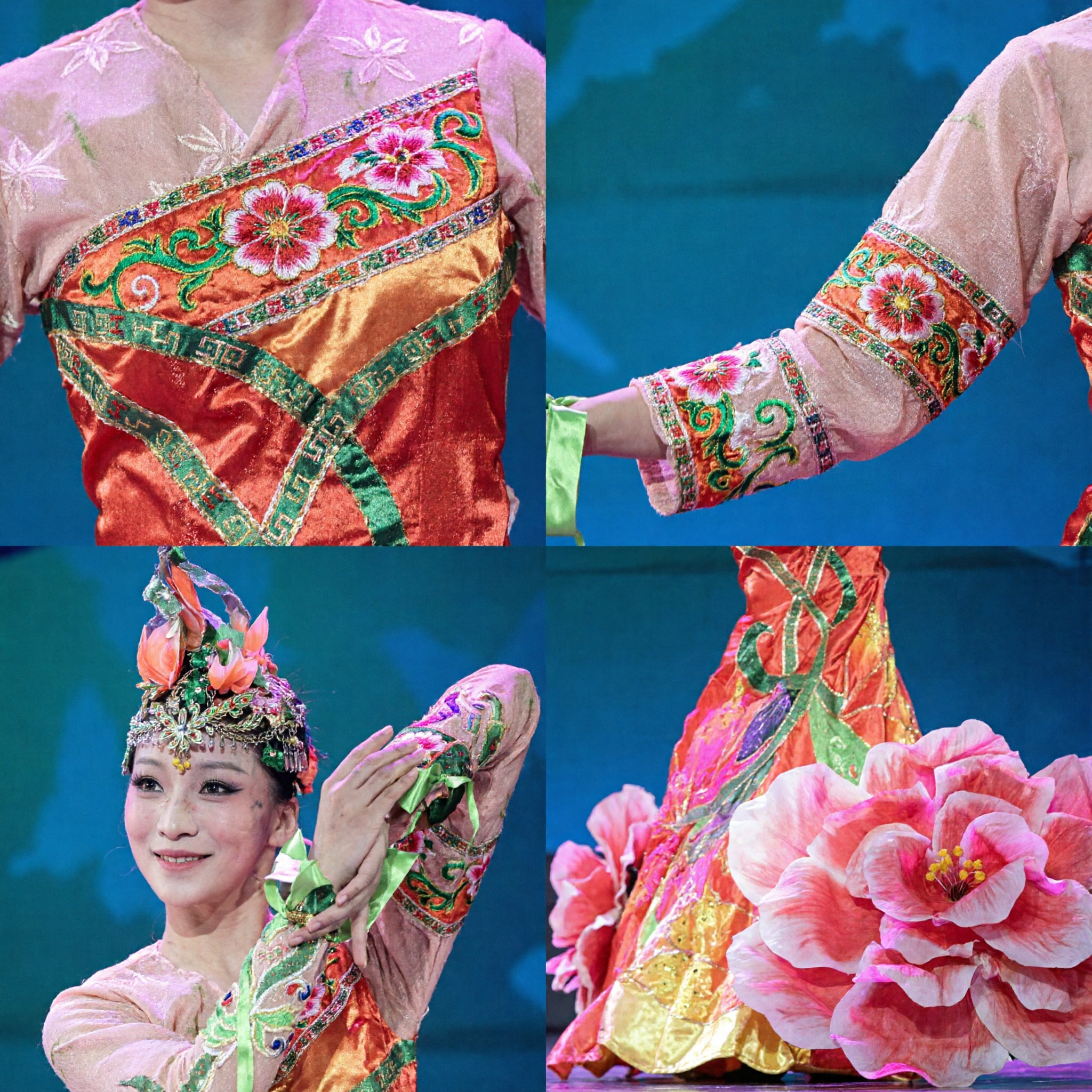 Women's Traditional Chinese Dance Costume Orange Peony Flower Dress for Stage Performance Folk Dance Gala