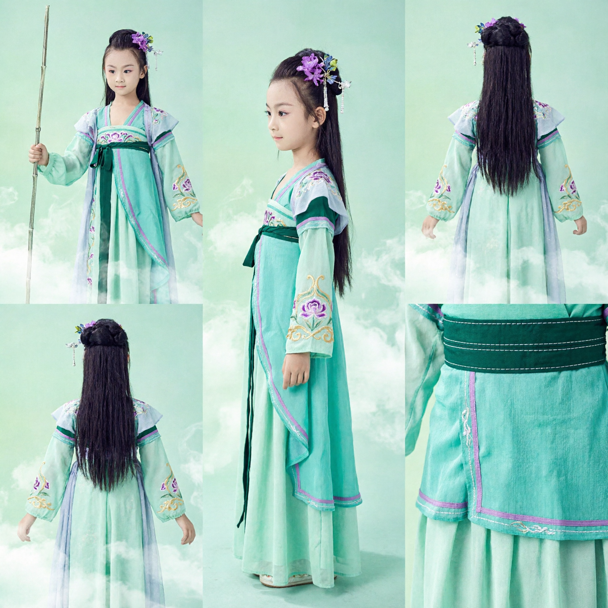 Girls Chinese Traditional Hanfu Costume Green Wuxia Fairy Dress for Kids Cosplay Halloween