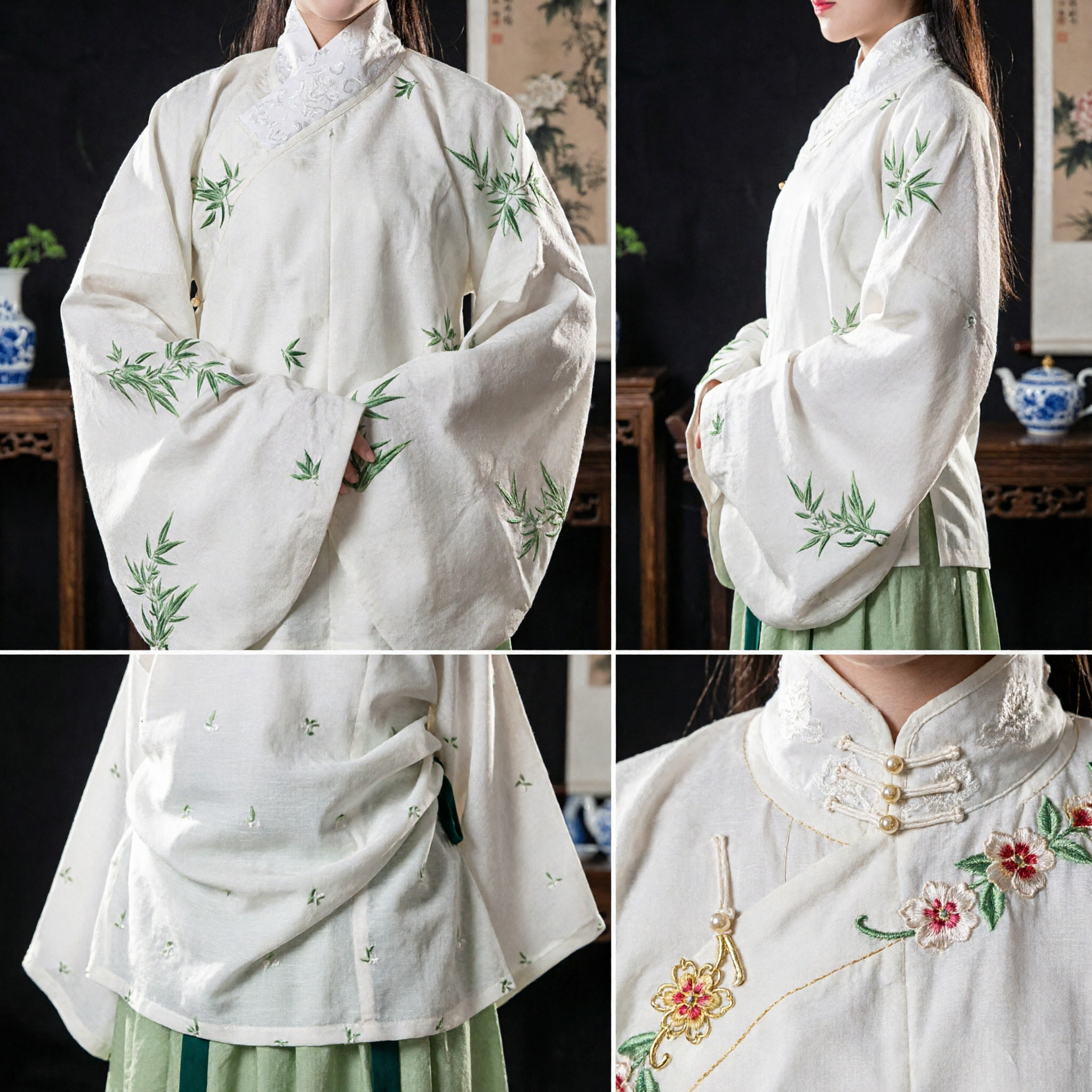 Traditional Chinese Hanfu Ming Dynasty Style Women's Costume White Top with Bamboo Embroidery and Green Skirt