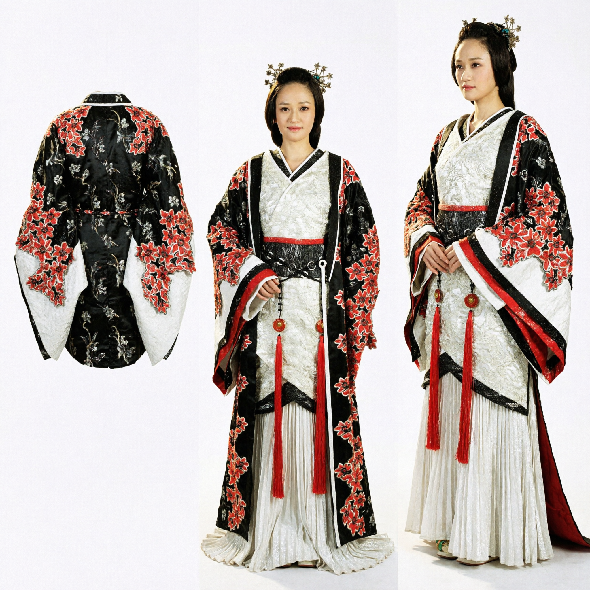 Women's Traditional Chinese Hanfu Ancient Palace Costume Black and White Robe with Red Floral Embroidery for Performance