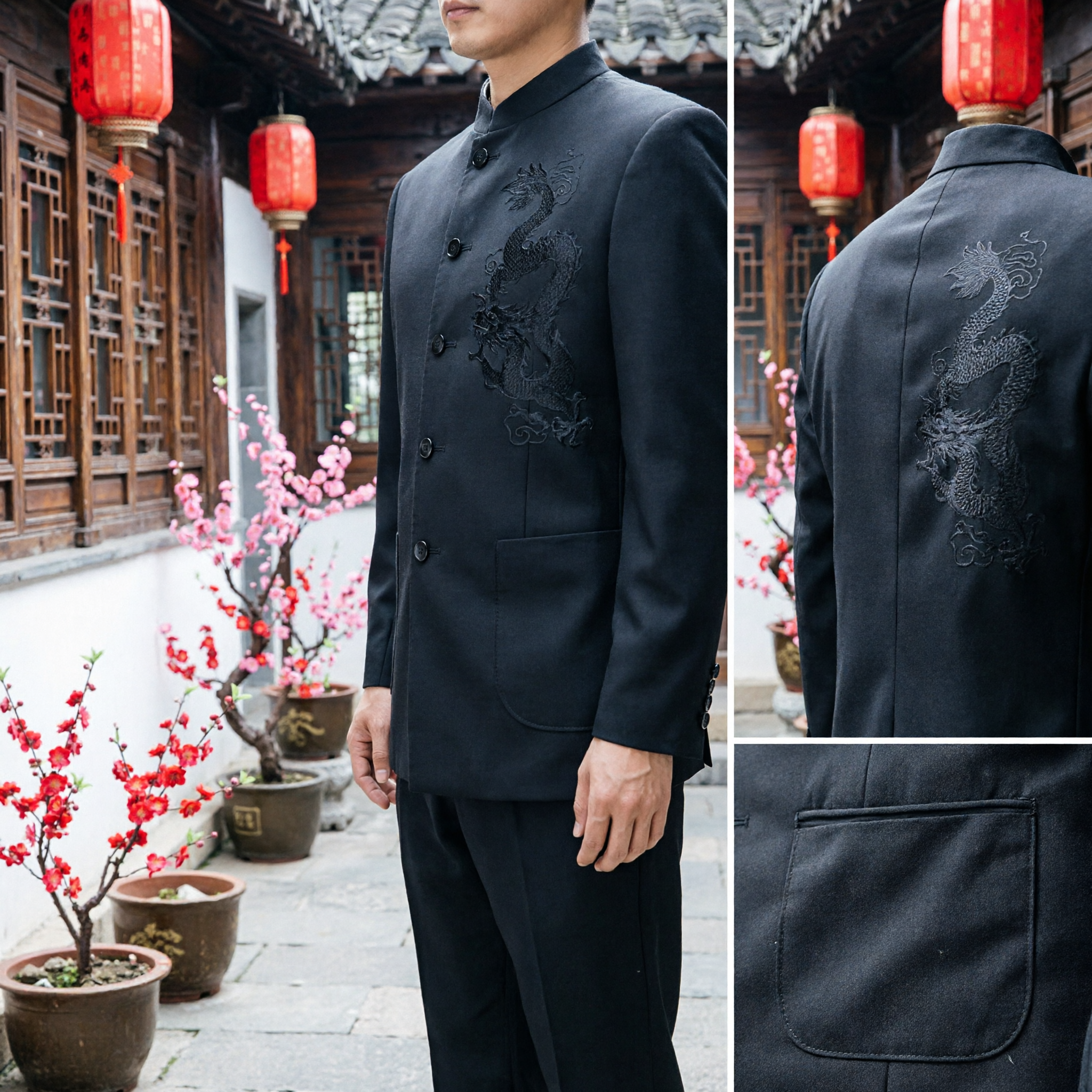 Men's Slim Fit Chinese Tang Suit Jacket Black Dragon Embroidery Mandarin Collar Traditional Formal Wedding Blazer